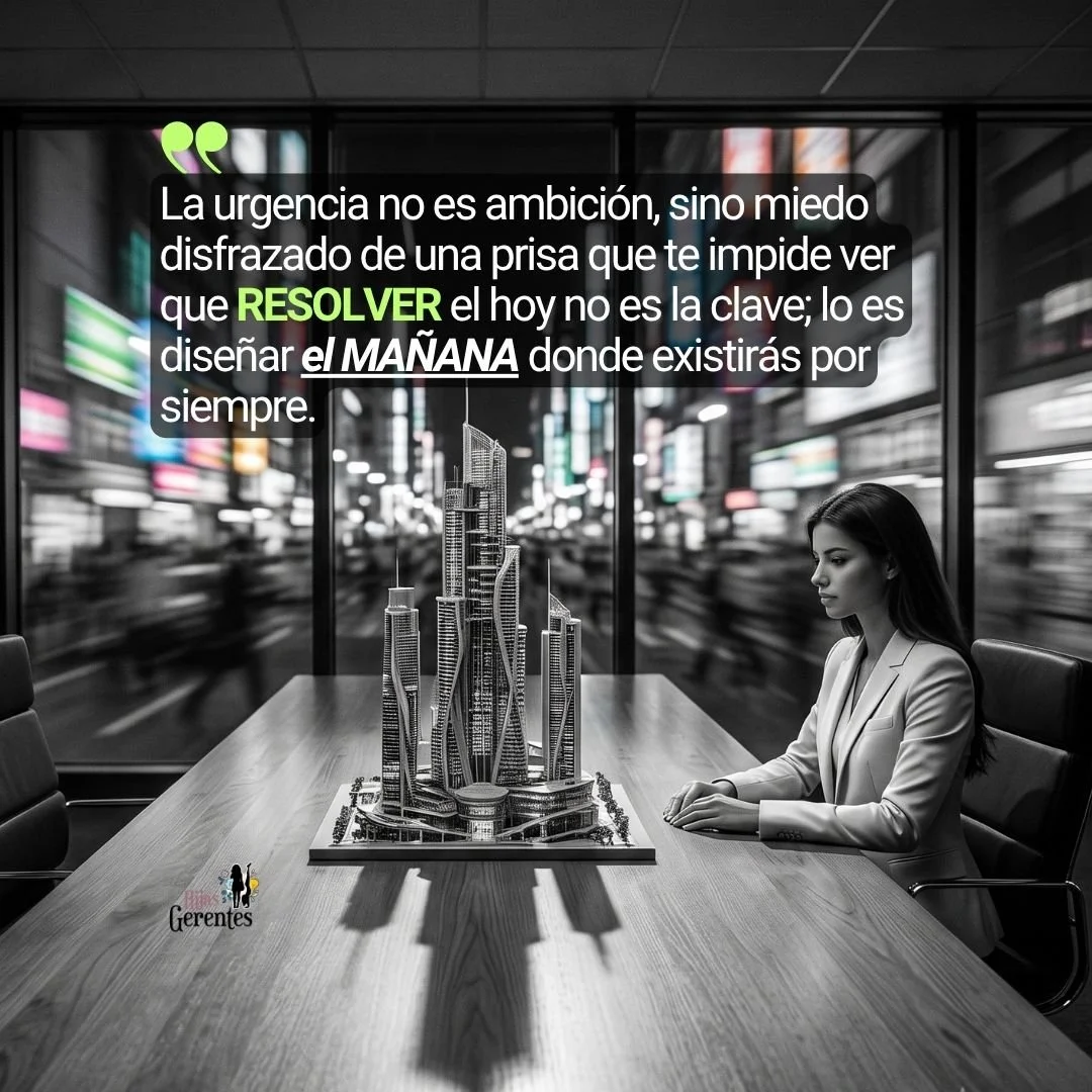 CEO sentada sola en una mesa de directorio larga y vacía. Frente a sí un único objeto: un modelo escala 3D de edificio icónico. La habitación está en silencio visual, mientras tras los cristales, la ciudad se ve con luces y prisa incesante.