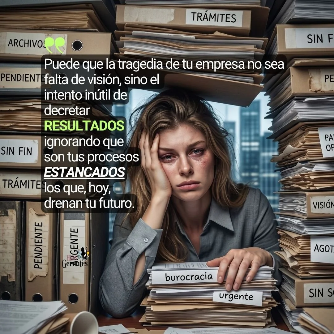 CEO con expresión de agotamiento absoluto, atrapada detrás de una barricada física e insuperable de carpetas y documentos de archivo que obstruyen su visión hacia un ventanal con una ciudad moderna.