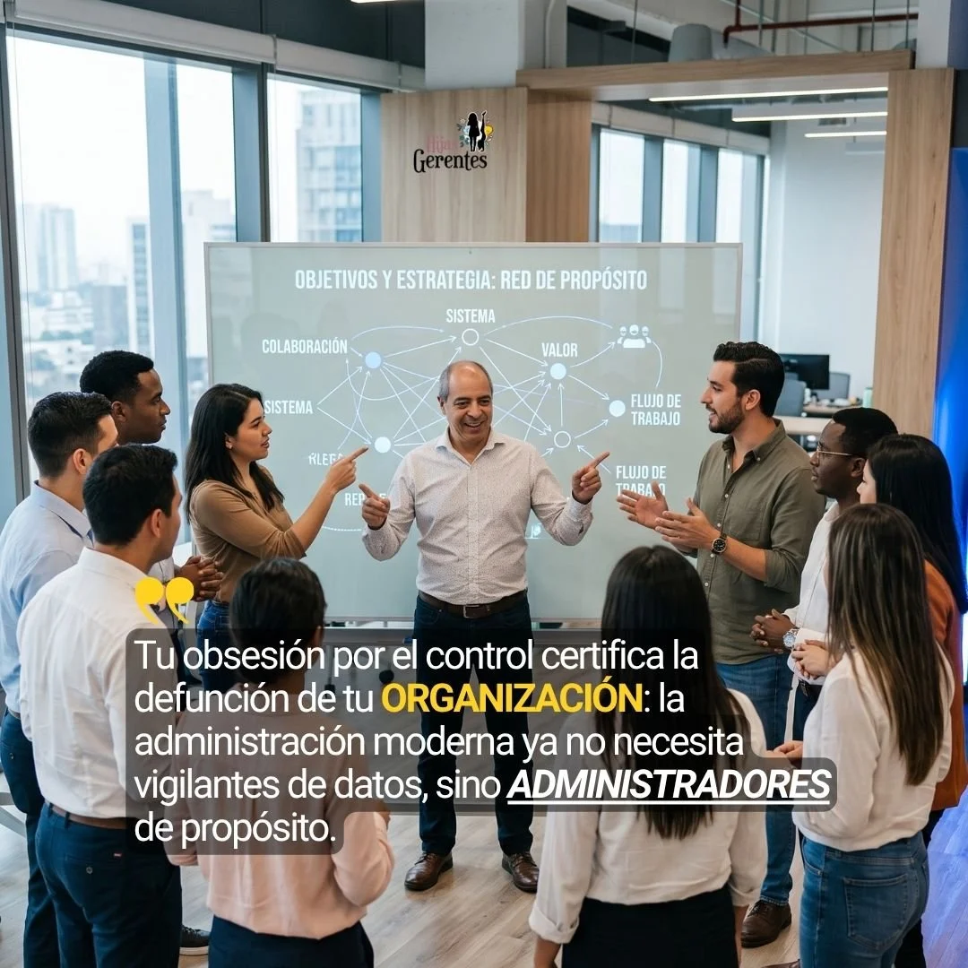 Espacio de oficina moderno donde el líder está de pie, en medio de un círculo de colaboradores, señalando juntos un flujo de datos dinámico proyectado en una pizarra de cristal. No hay jerarquías físicas; el foco está en la resolución colectiva.