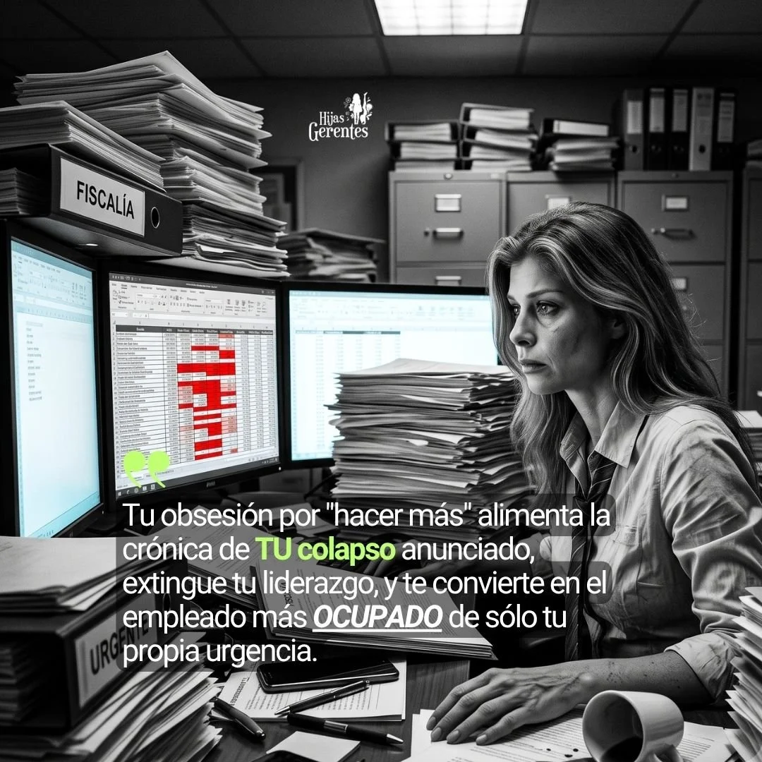 Ejecutiva, de aspecto impecable pero demacrado, sepultada por torres de documentos, carpetas abiertas y dispositivos móviles que desbordan su escritorio. Su mirada perdida en el monitor frente a ella que muestra una hoja de cálculo al rojo vivo.