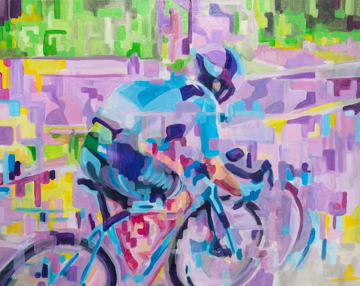 Abstract painting of a cyclist in motion with colorful geometric shapes