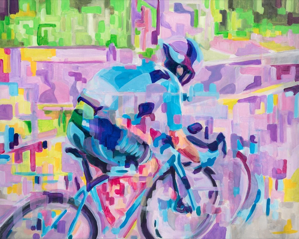 Abstract painting of a cyclist in motion with vibrant colors and geometric patterns