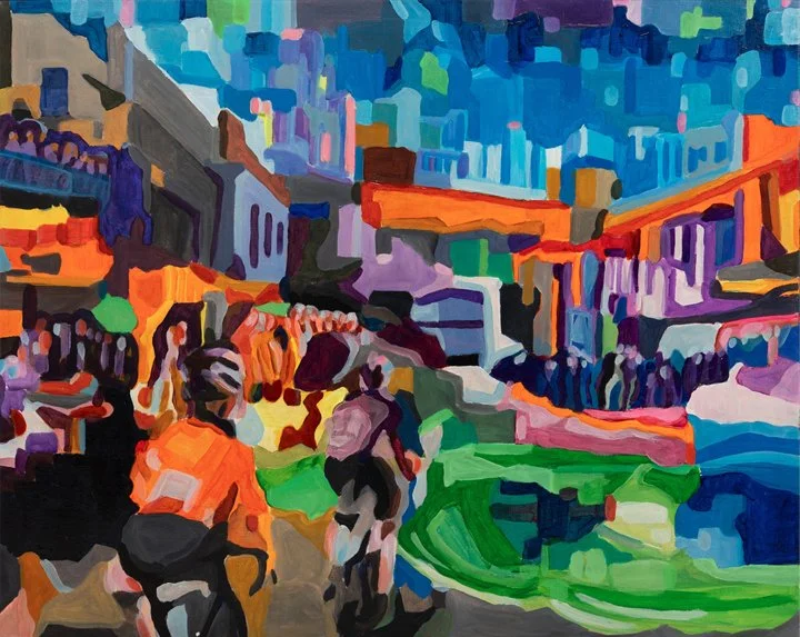 Abstract painting of a colorful, busy street scene with cyclist figures