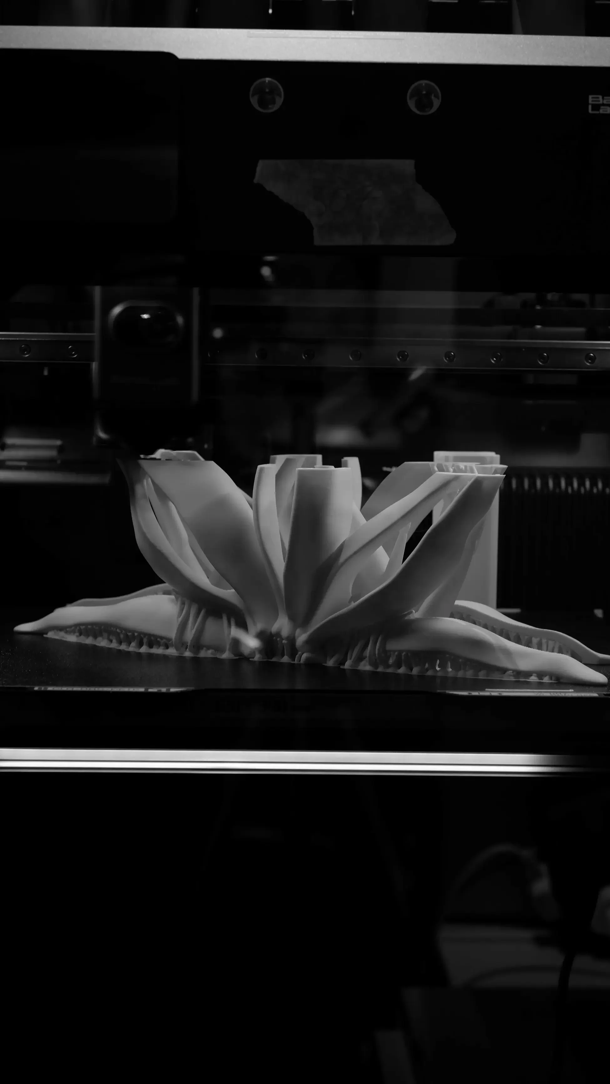 Black and white photograph of a 3D-printed tulip on a work surface with a 3D printer in the background.