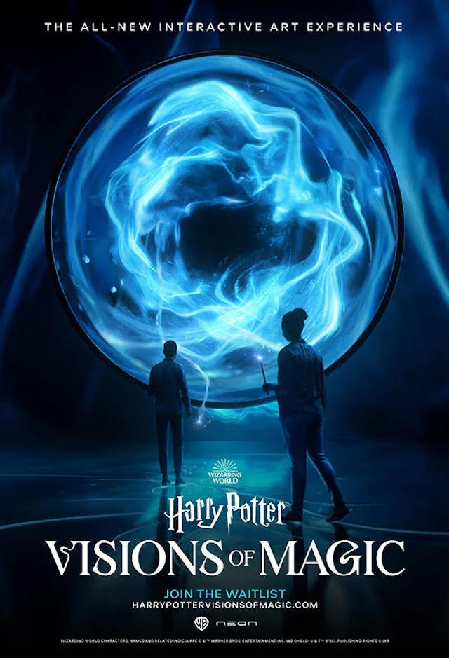 Poster for Harry Potter: Visions of Magic featuring two silhouetted figures in front of a swirling, glowing blue magical orb.