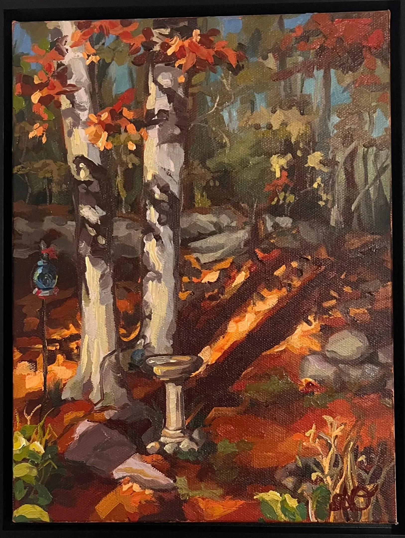 Amanda Oakleaf - Twin Red Oaks and Bird Bath