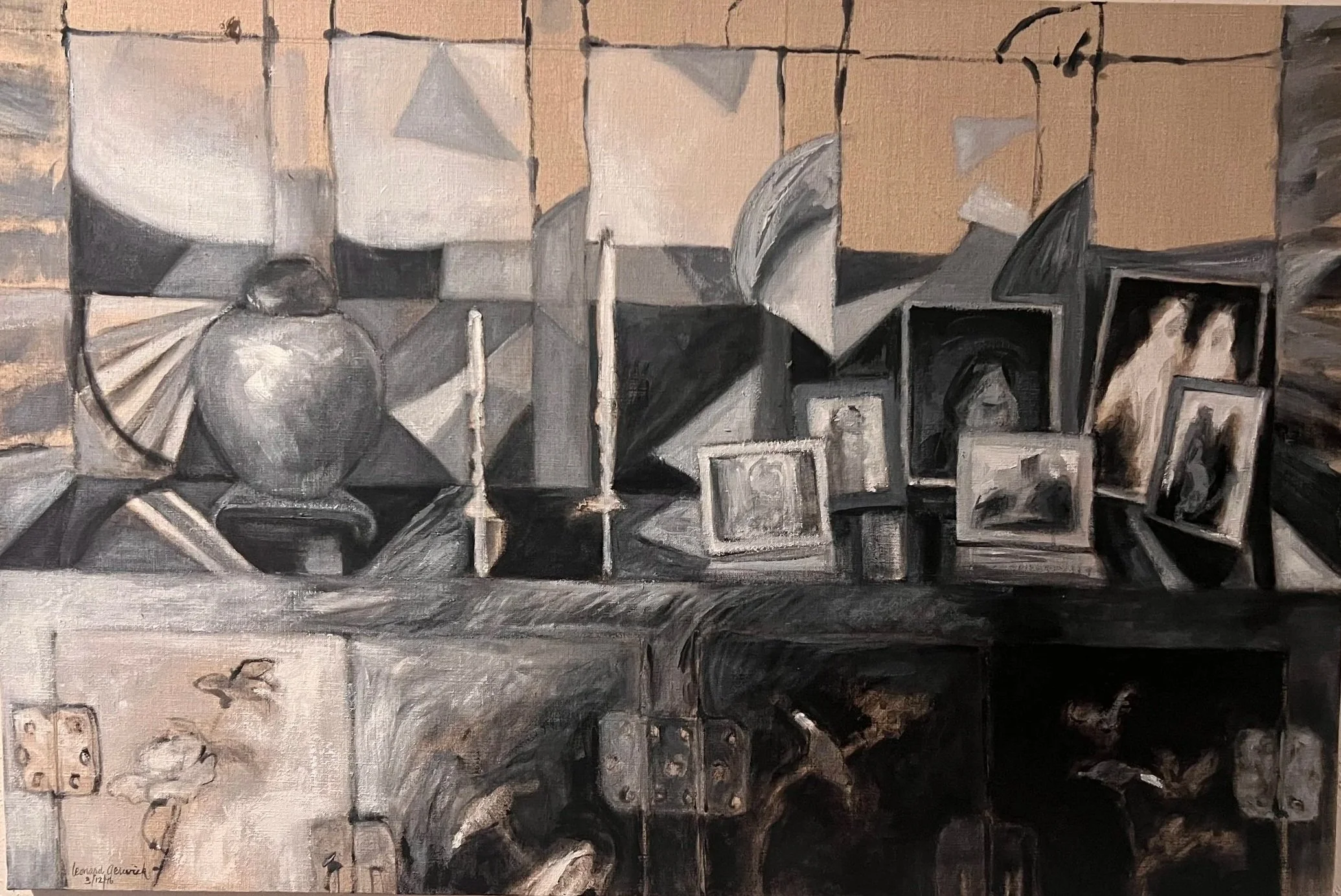 Still Life on a Chinese Cabinet with Crazy Quilt Behind