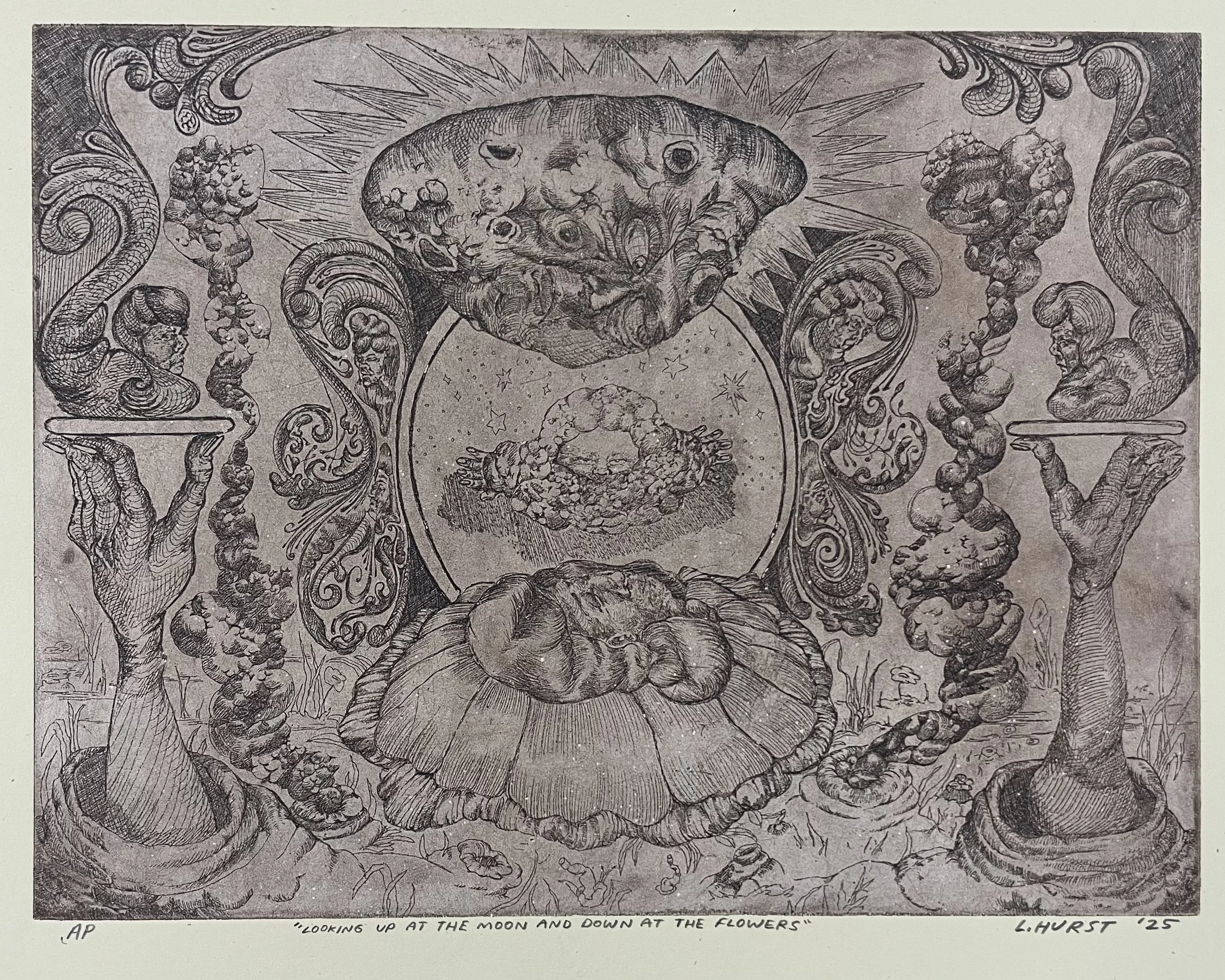 "Looking up at the Moon and down at the Flowers" (v1) (6x8) copper etching, 2025