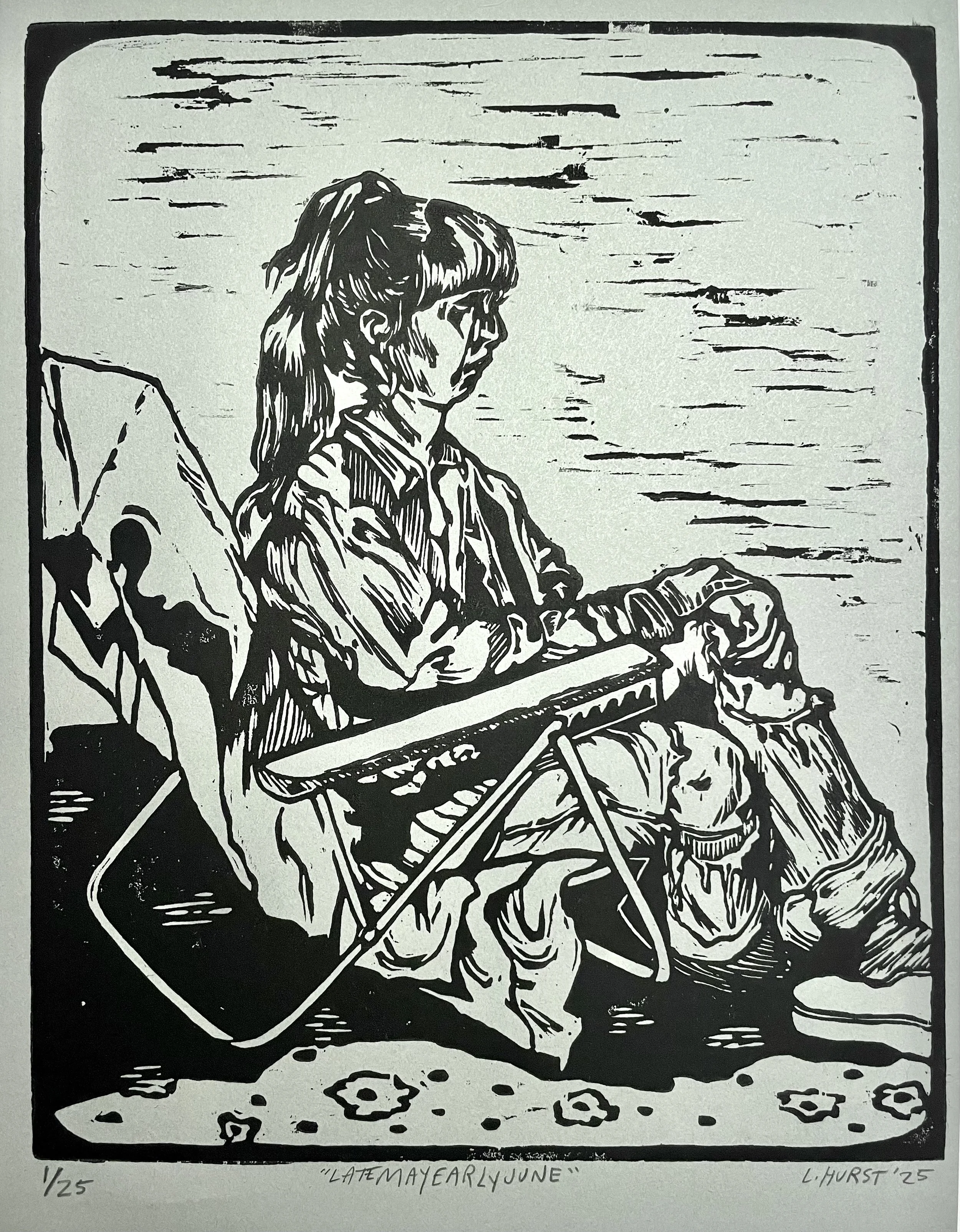 "LateMayEarlyJune" (8x10) woodcut portrait from life, 2025