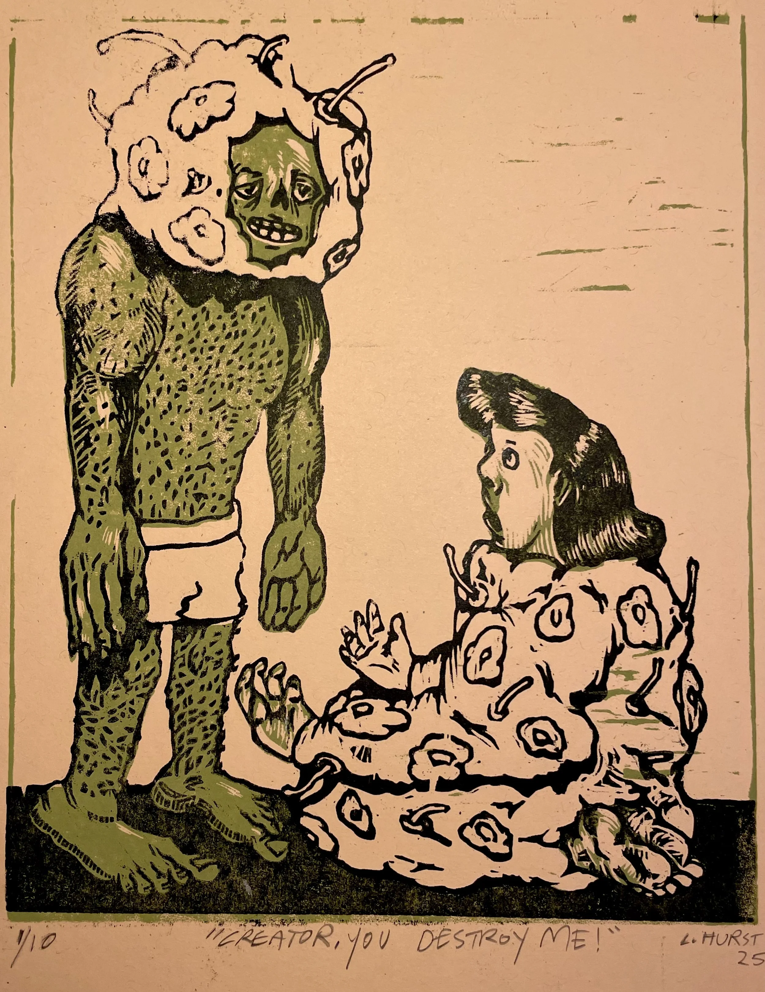 “Creator, You Destroy Me!” (8x10) 2 block woodcut, 2025