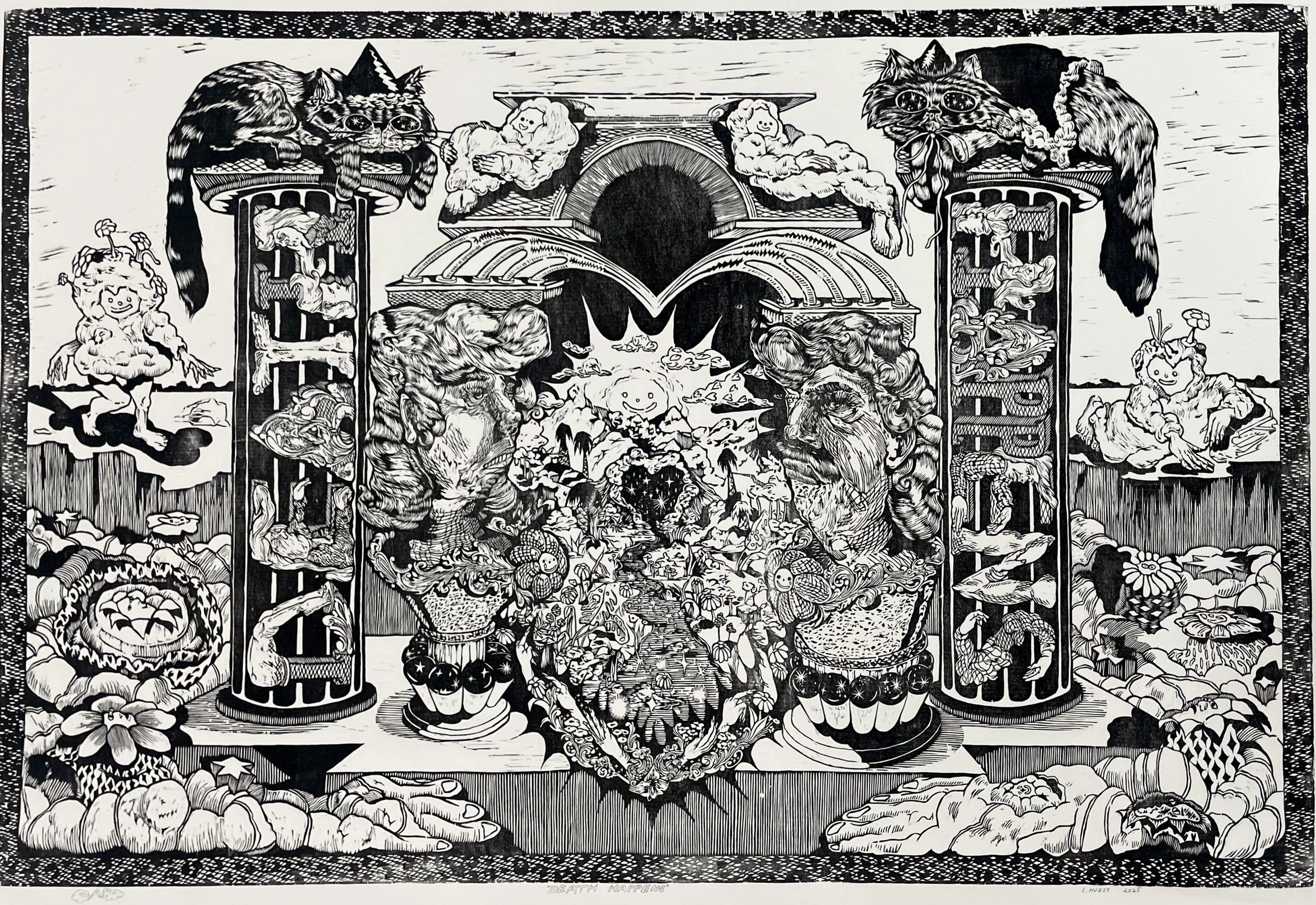 "Death Happens" (32 x 48) woodcut, 2025
