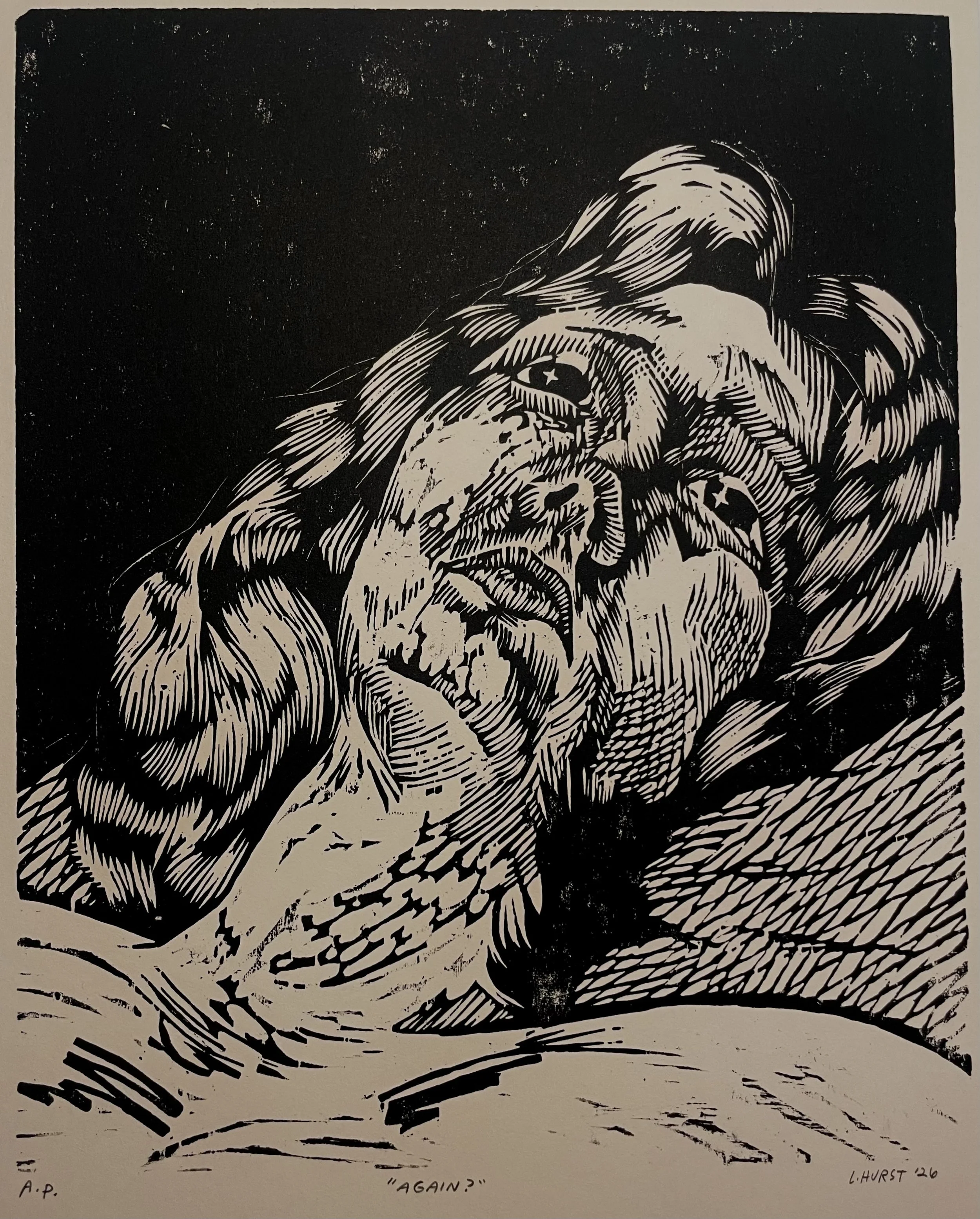 "Again?" (8x10) woodcut portrait from life, 2026 