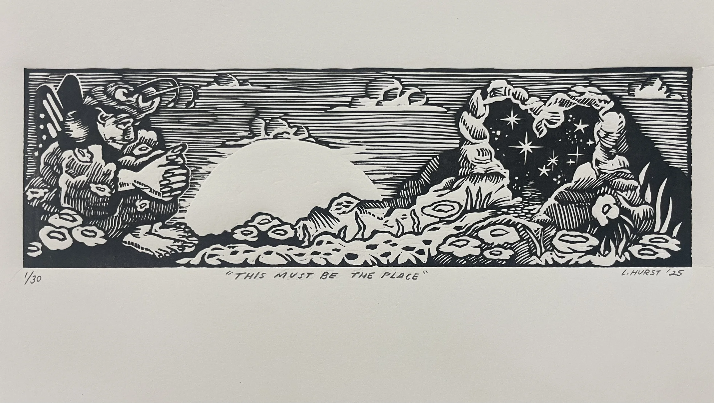 "This must be the place" (3x8) linocut print, 2025