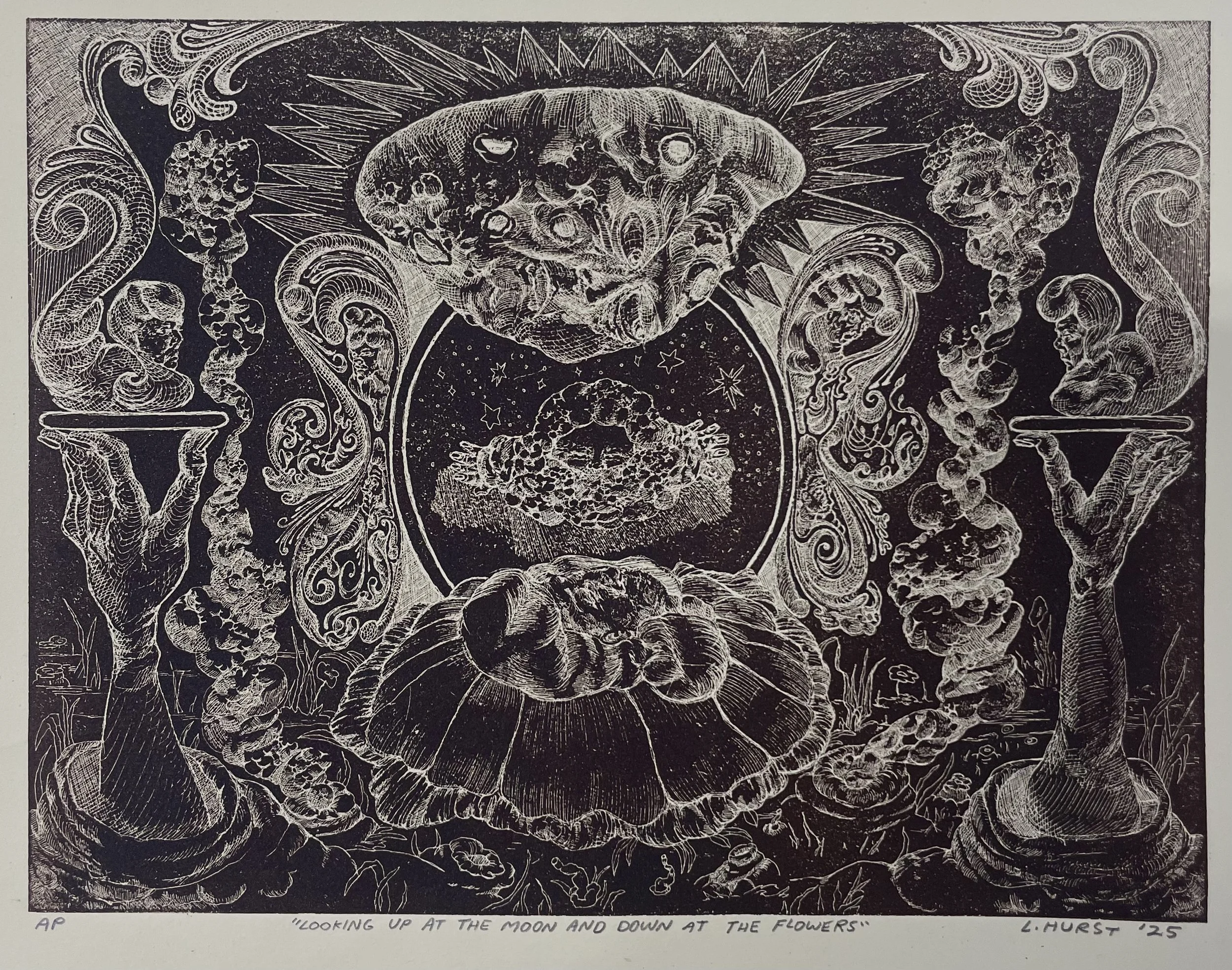 "Looking up at the Moon and down at the Flowers" (v2) (6x8) copper etching, 2025