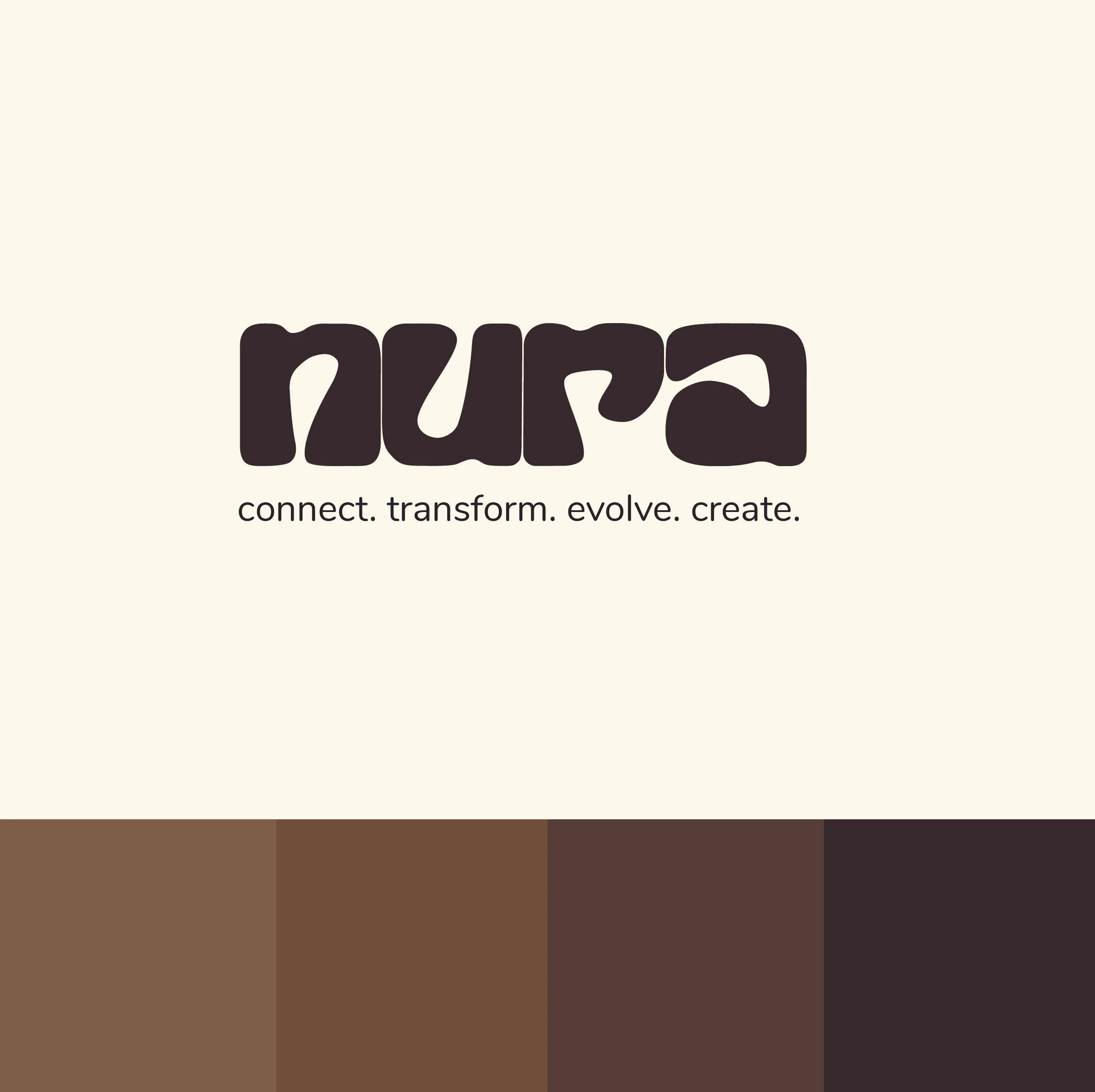 Logo mit dem Wort 'nura' in groben schwarzen Buchstaben, darunter der Slogan 'connect. transform. evolve. create.' und eine Farbpalette mit Brauntönen am unteren Rand.
