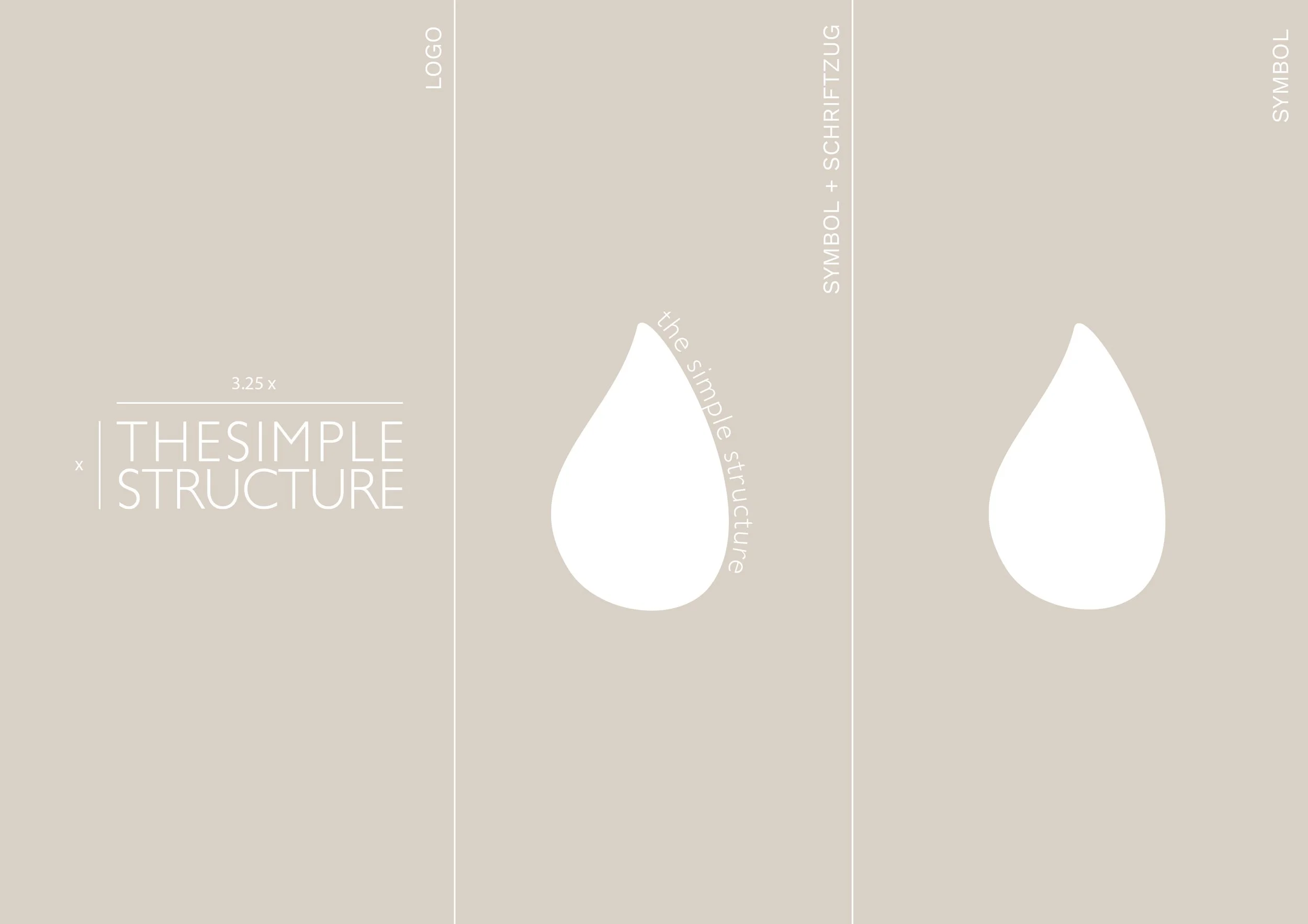 Drei Abschnitte mit minimalistischen Designs: links ein Logo "THE SIMPLE STRUCTURE", in der Mitte ein Tropfensymbol mit dem Text "the simple structure", rechts nur das Tropfensymbol.