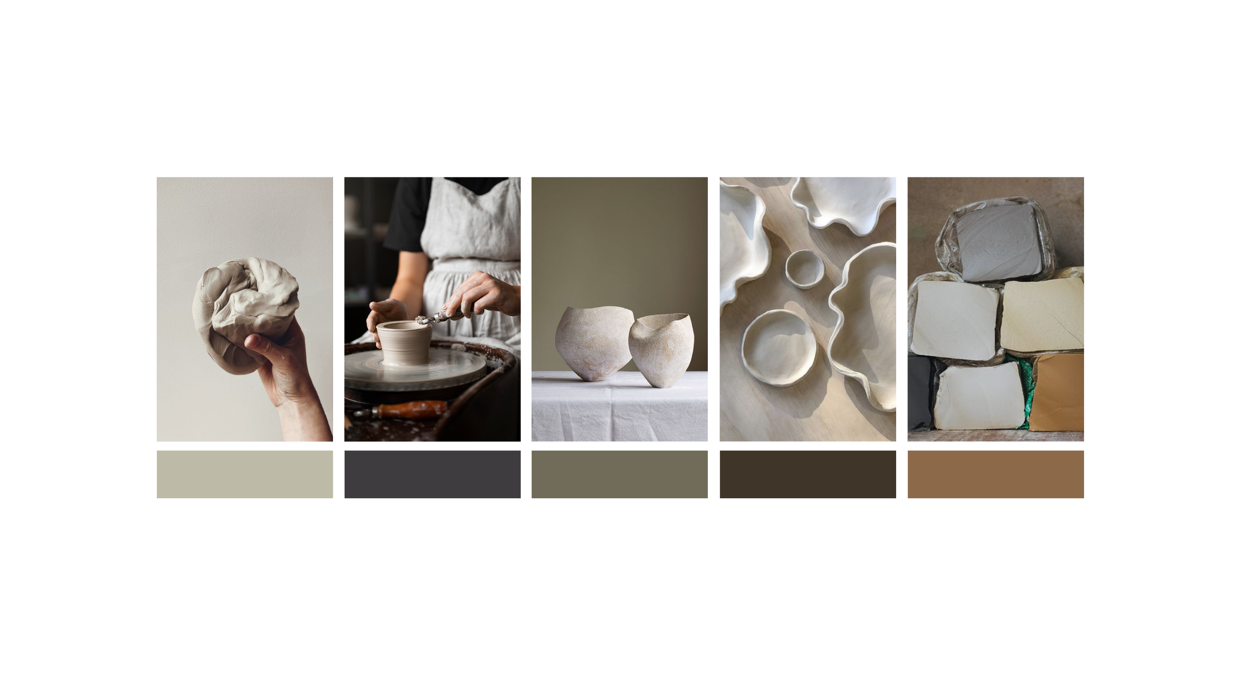 Collage von fünf Bildern: ein Mensch, der Ton hält, ein Mensch beim Töpfern, zwei Vasen auf einem Tisch, verschiedene Tonformen und Stapel von Tonblöcken.