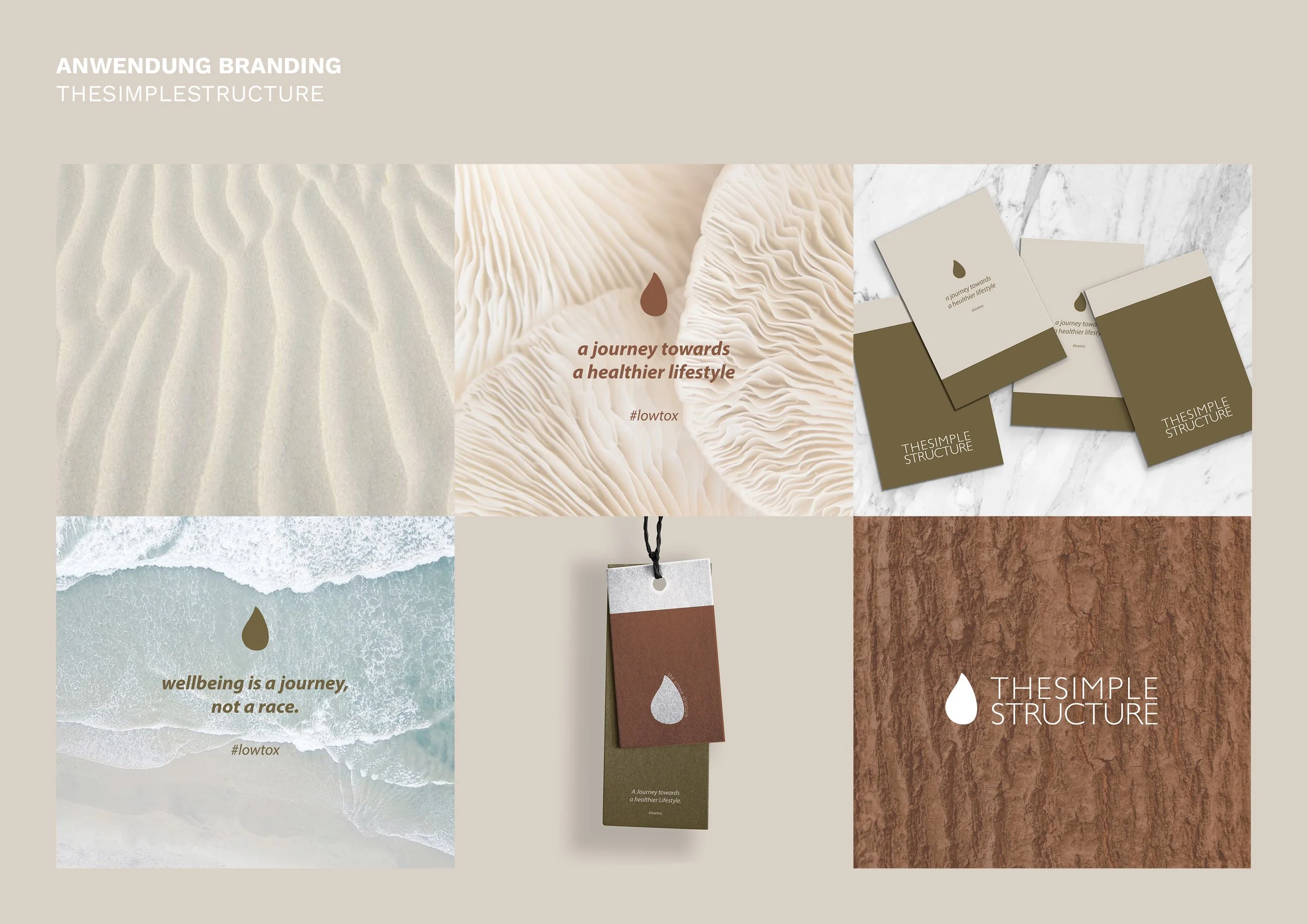Collage mit Branding-Anwendungen für 'The Simple Structure'. Enthält Bilder von Sand, Pilzen, Ozean, Texten wie "wellbeing is a journey, not a race.", Visitenkarten, Hangtags und Baumrinde, alles in natürlichen Farbtönen.