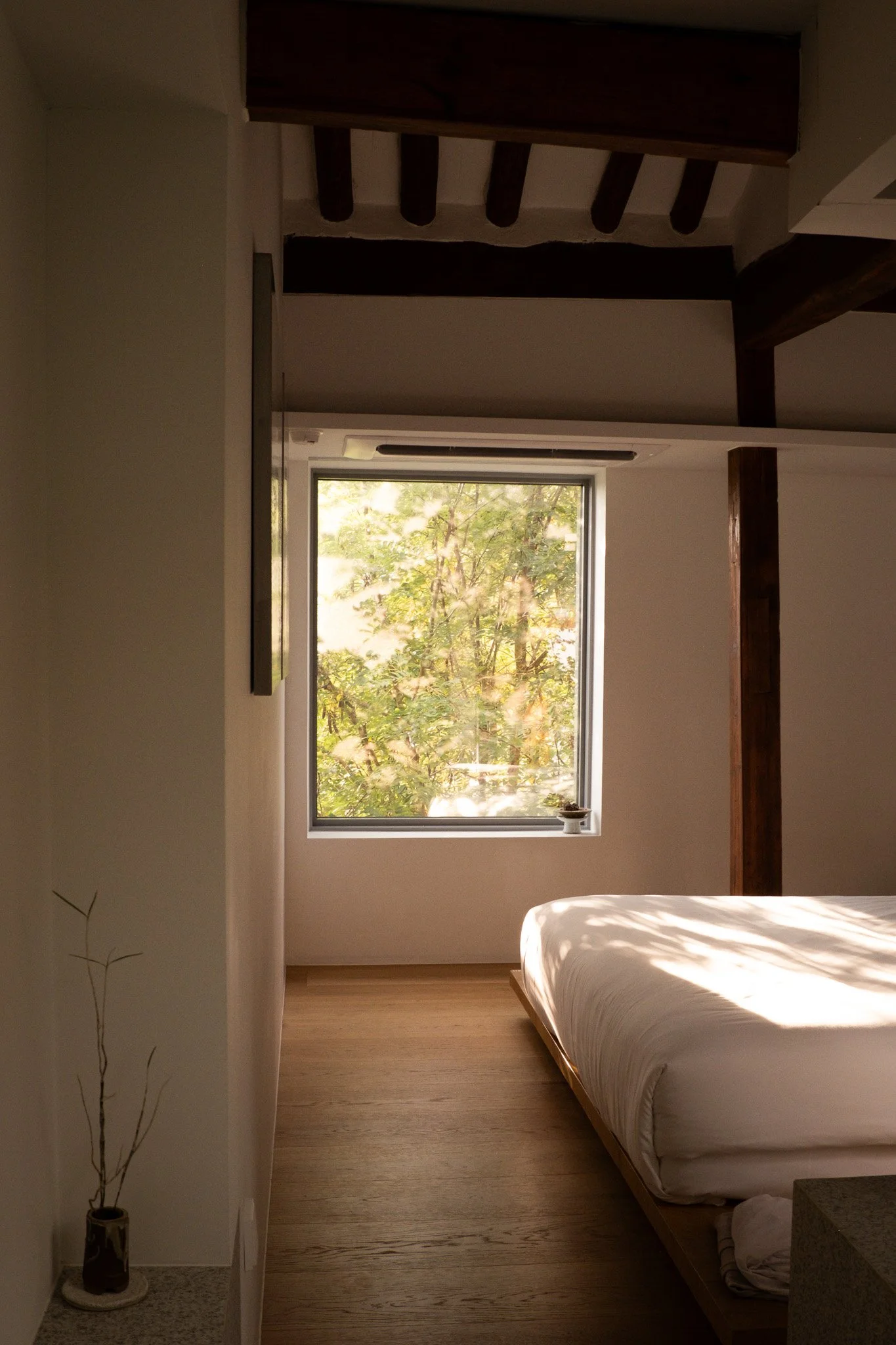 Schlafzimmer mit einem Bett, einer großen Fensterfront mit Herbstbäumen draußen, Holzbalken an der Decke, minimalistische Dekoration.