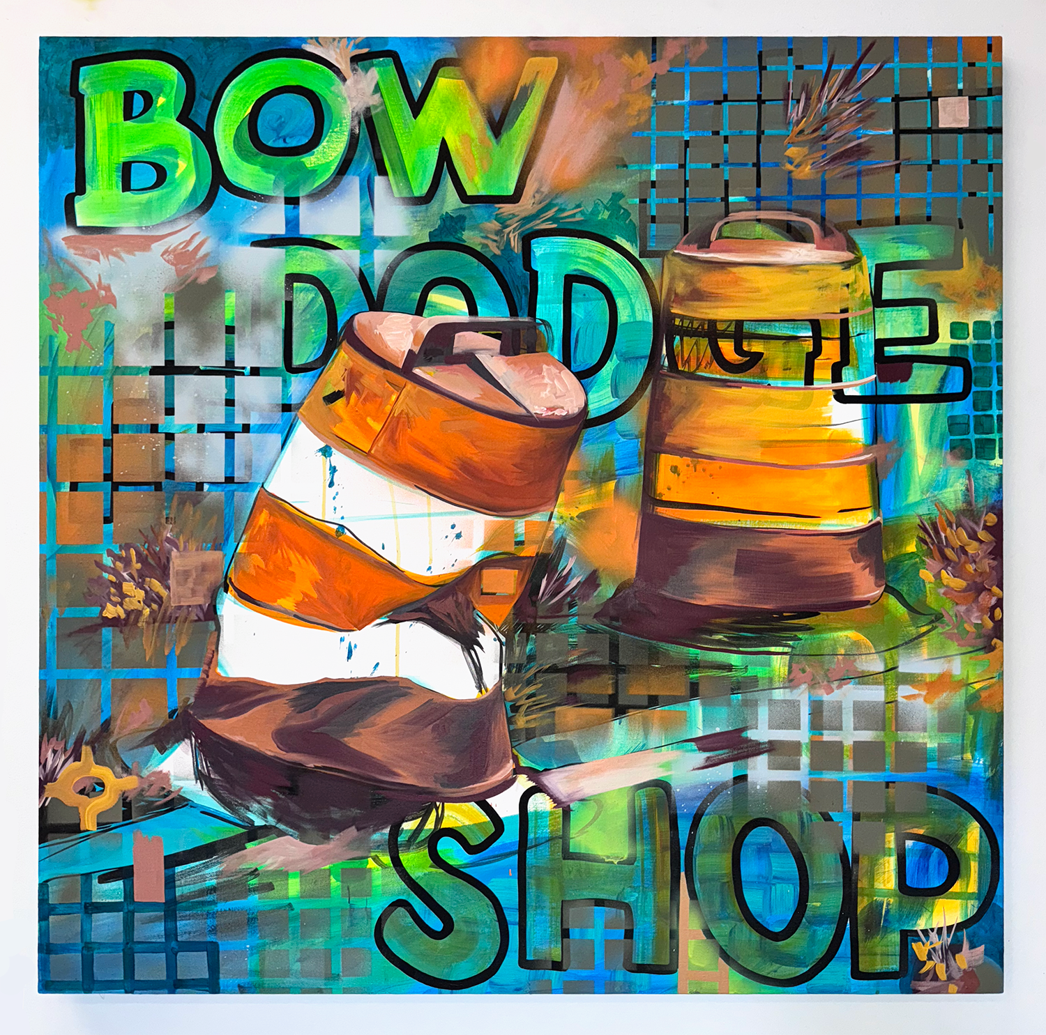 A orange traffic cone is placed in front of the words  "Dodge, Shop, and Bow" spray painted squares litter the landscape in orange, blue and green