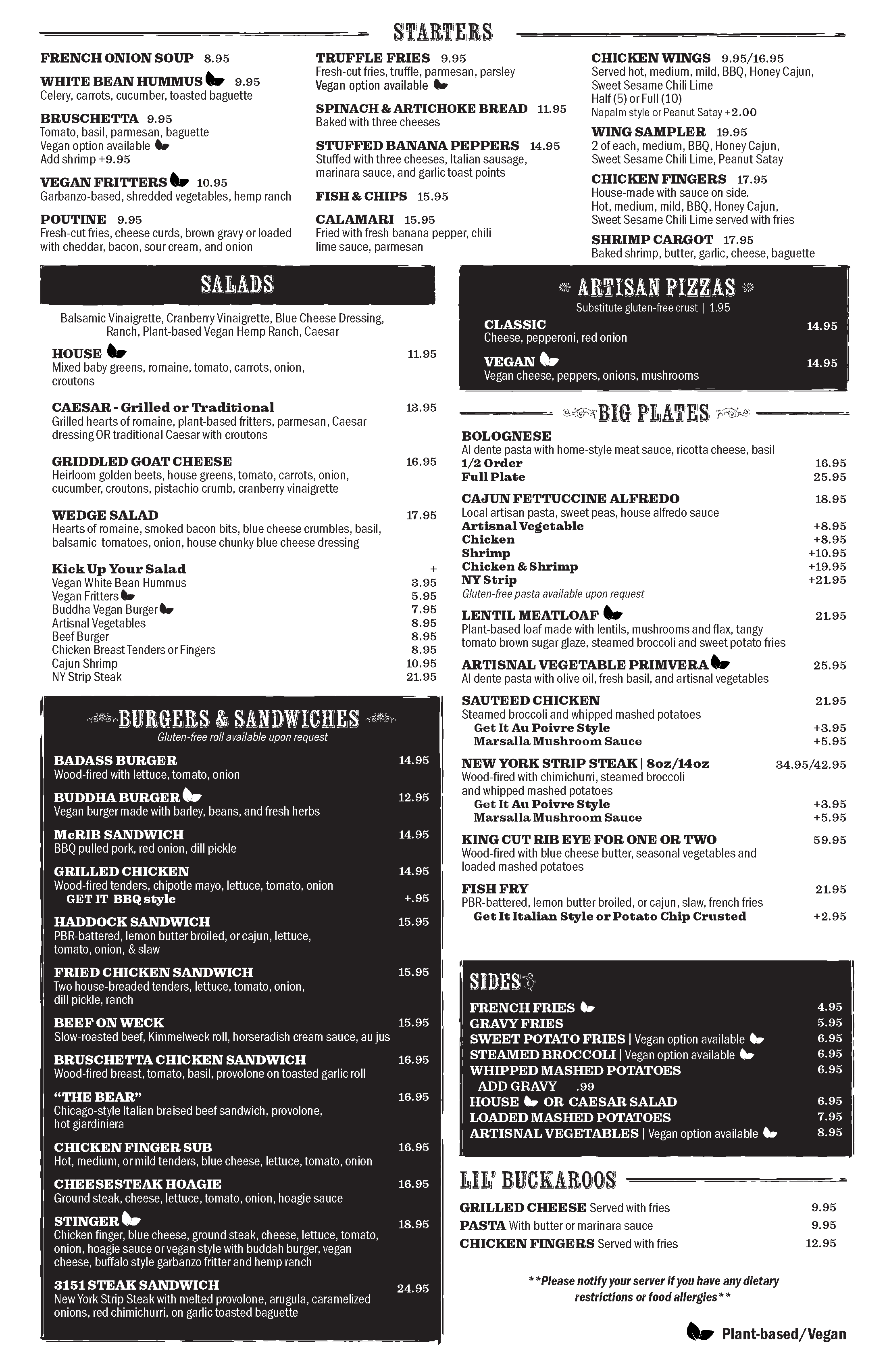 Restaurant menu featuring starters, salads, pizzas, big plates, burgers, sandwiches, sides, and grilled cheese options.