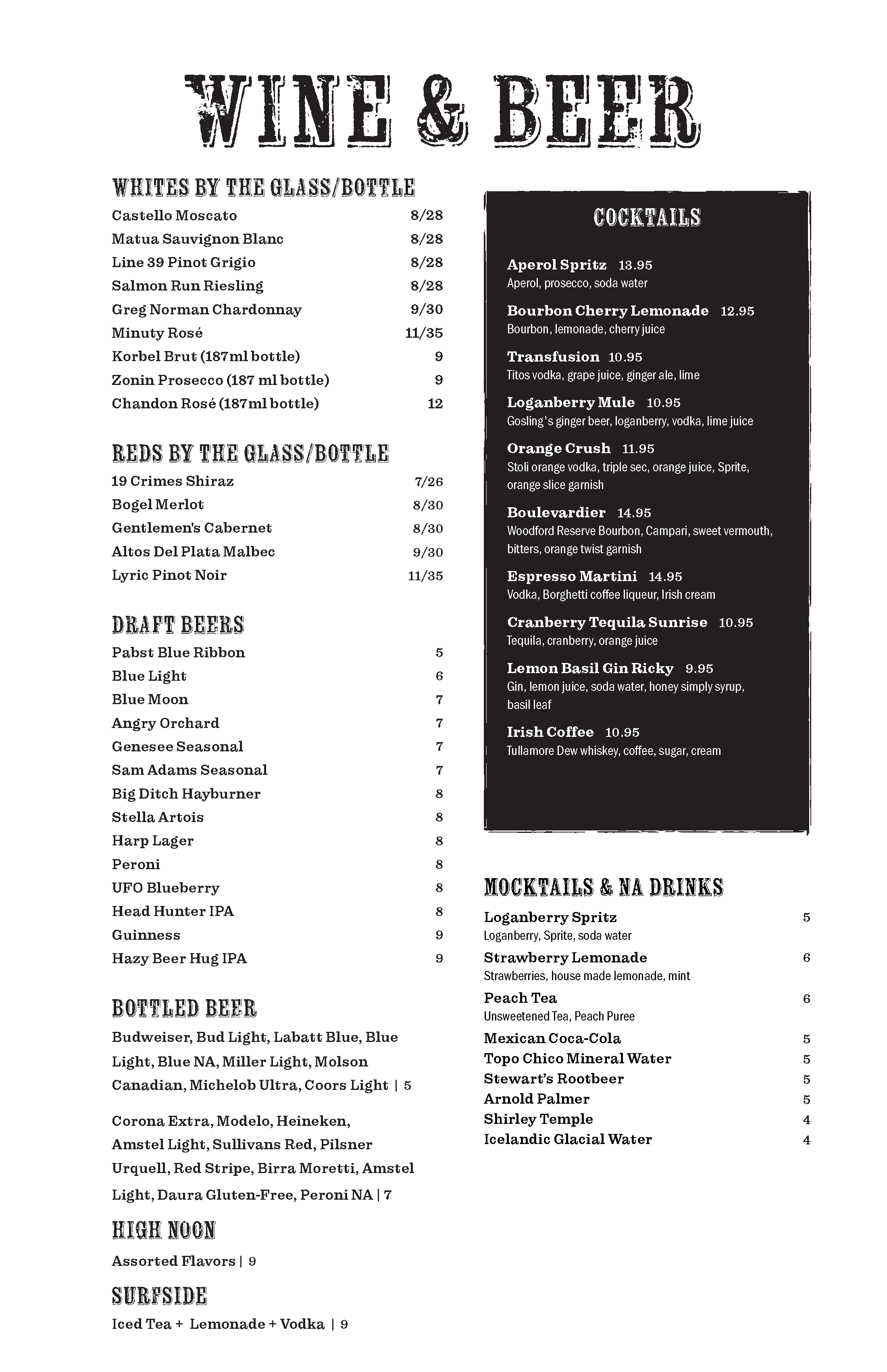 A menu for a wine and beer bar, listing various wines by glass and bottle, draft beers, bottled beers, cocktails, and non-alcoholic drinks, with prices for each item.