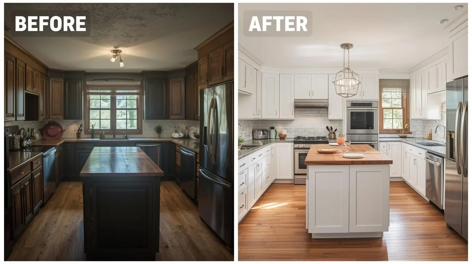 Before and after 2025 kitchen remodel transformation showing farmhouse style upgrade.