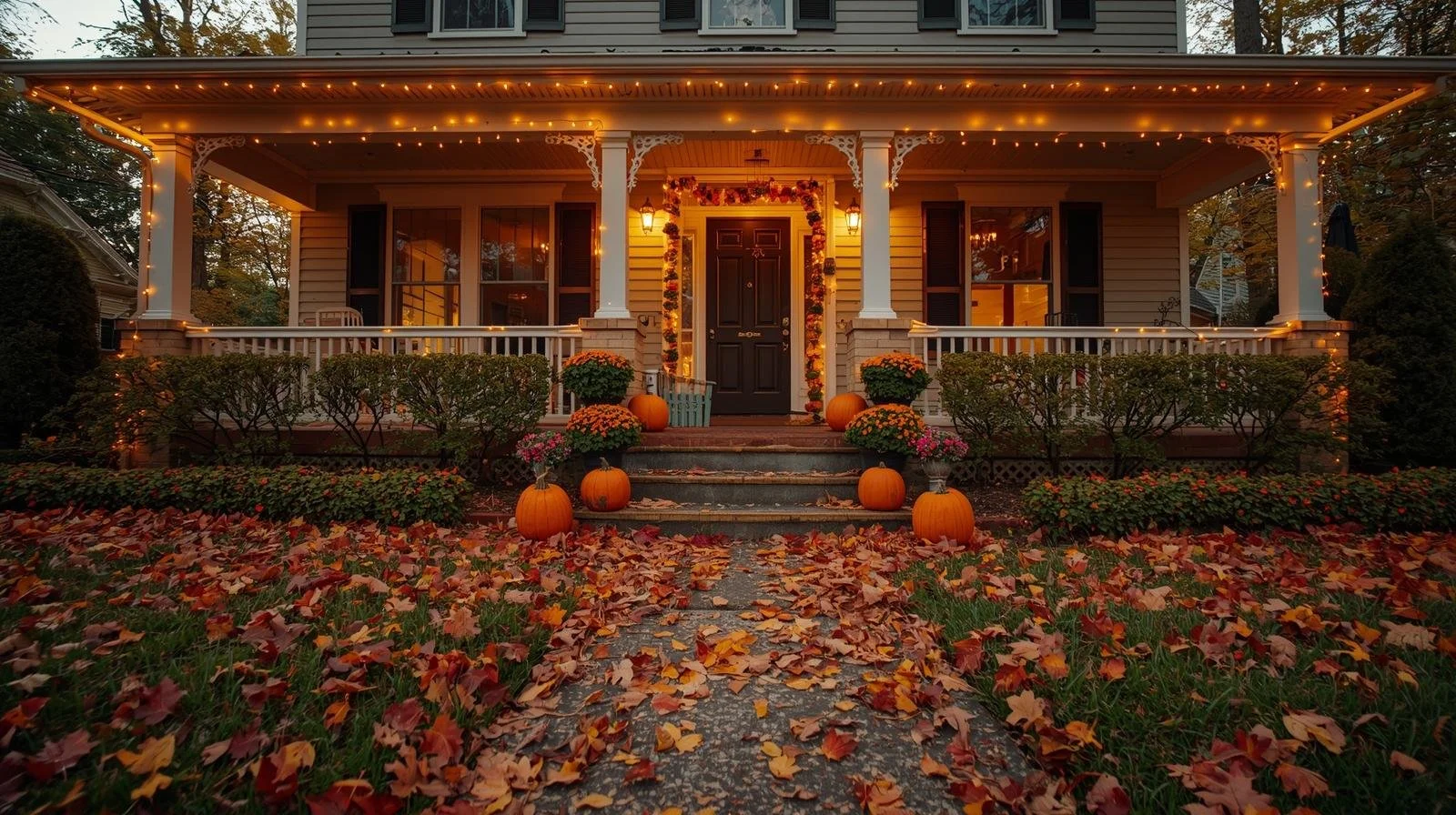 “Exterior fall home with clean gutters, glowing string lights, and pumpkins on the porch, combining home maintenance with fall decor charm.”
