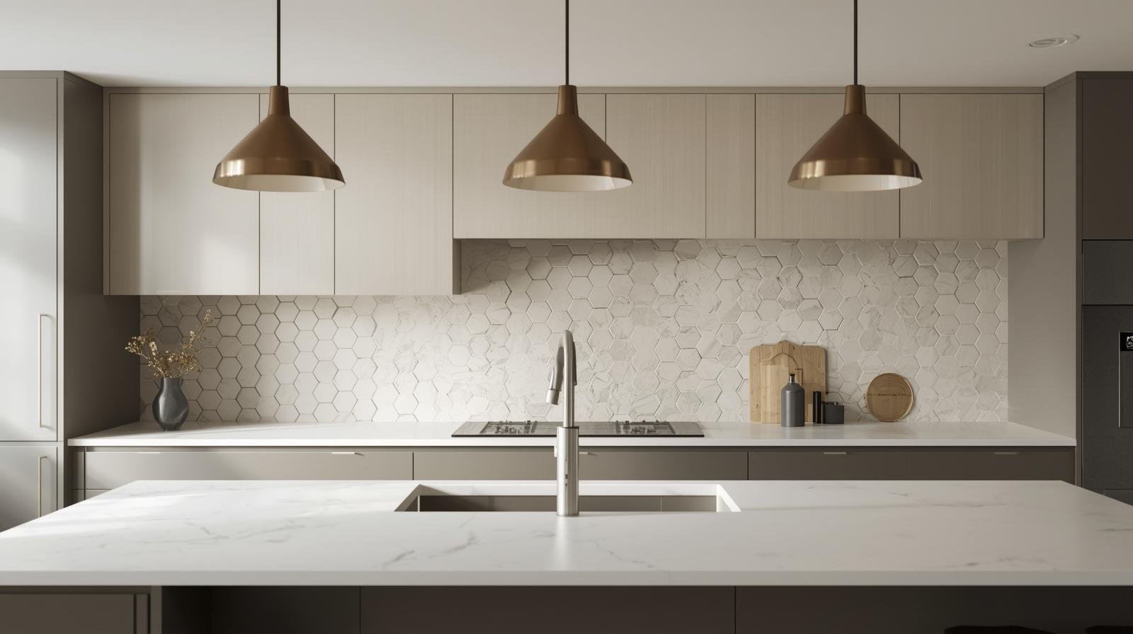 “Contemporary kitchen with geometric hexagon tile backsplash, sleek cabinetry, and modern lighting.
