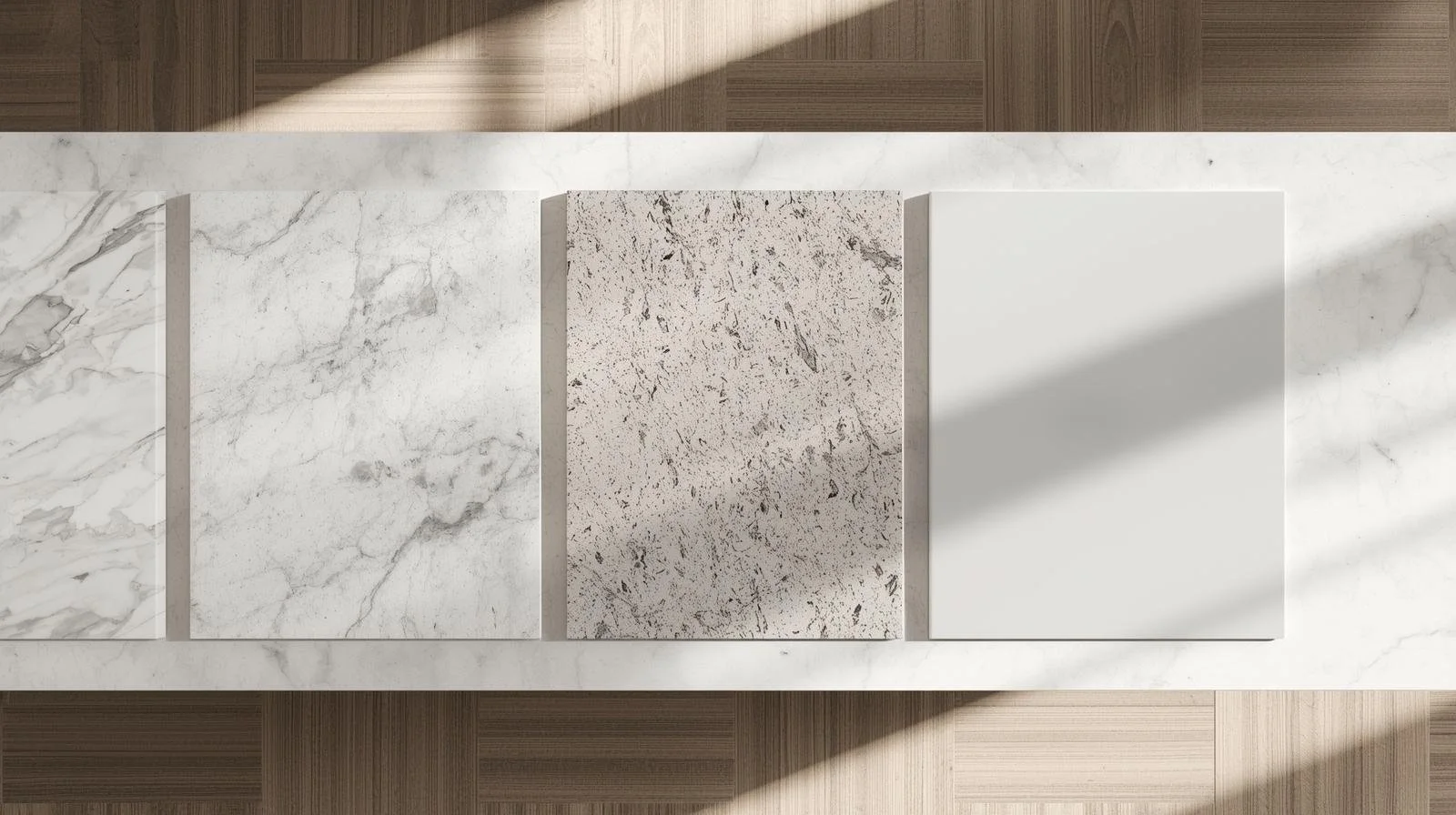 Flat lay of quartz, granite, and marble countertop samples on a kitchen island.