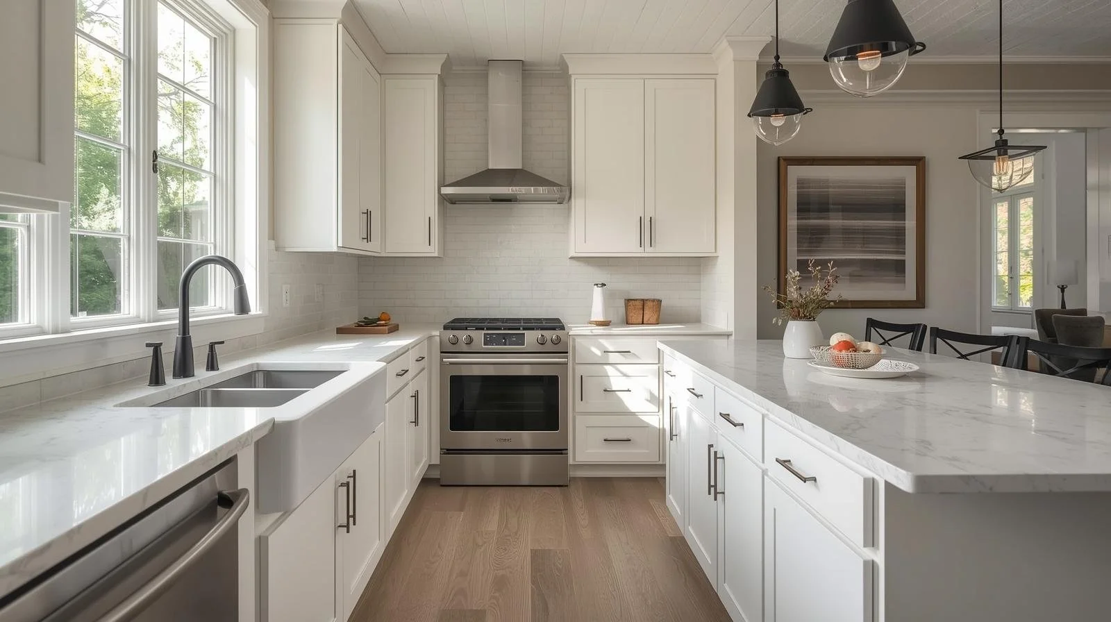 Modern kitchen with white quartz countertops and matte black fixtures in a mid-size Spring Texas home remodel.