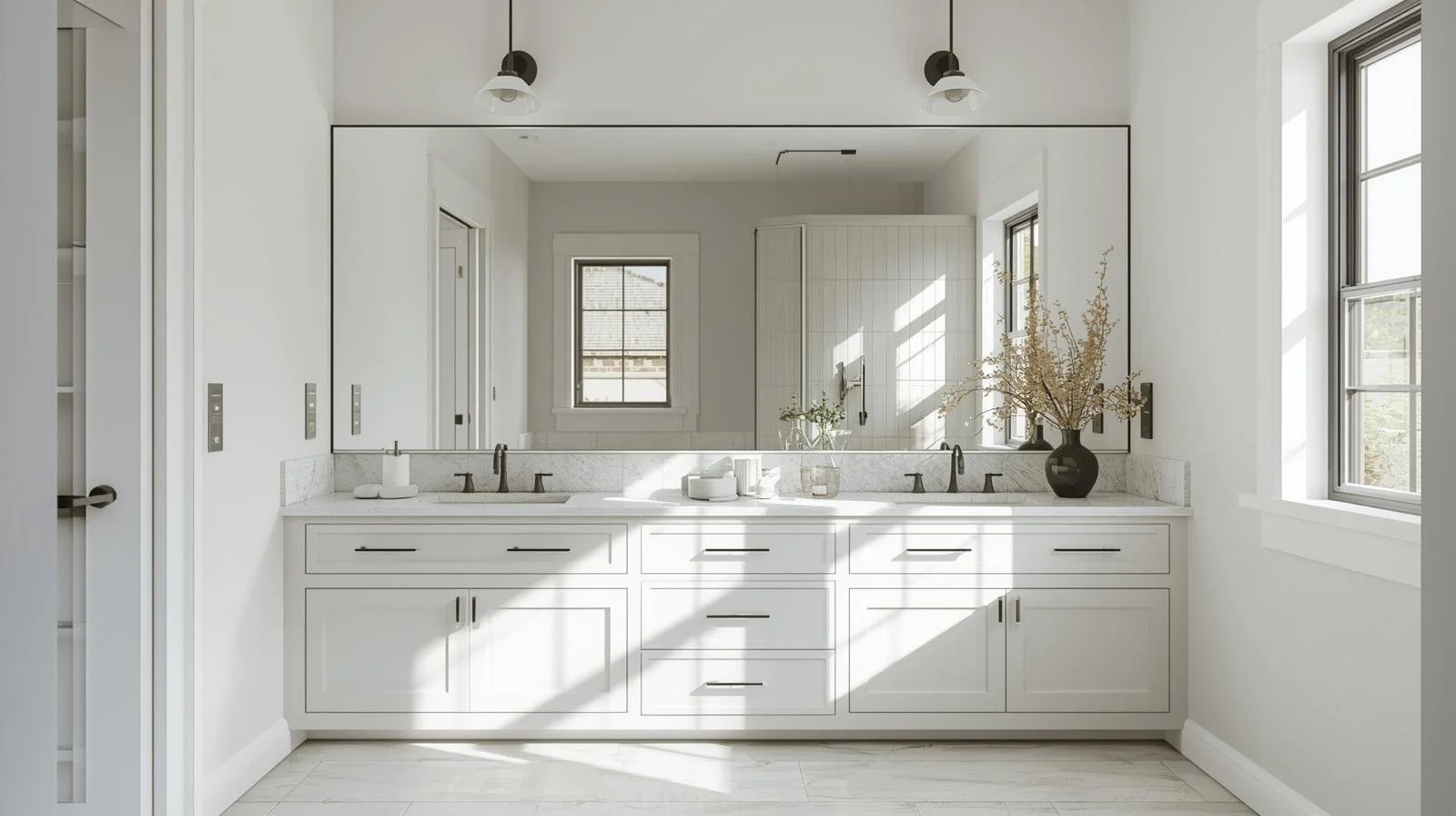 “Bright modern rustic bathroom with clean vanity, round mirror, and black fixtures — DIY bathroom makeover on a budget.”