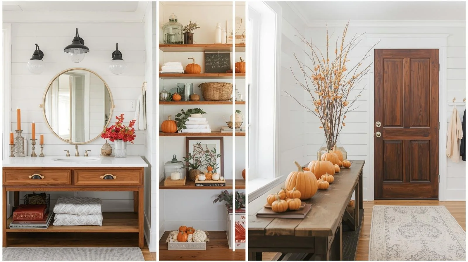 Cozy bright home styled for fall with wood vanity, shelves, pumpkins, and a walnut door.