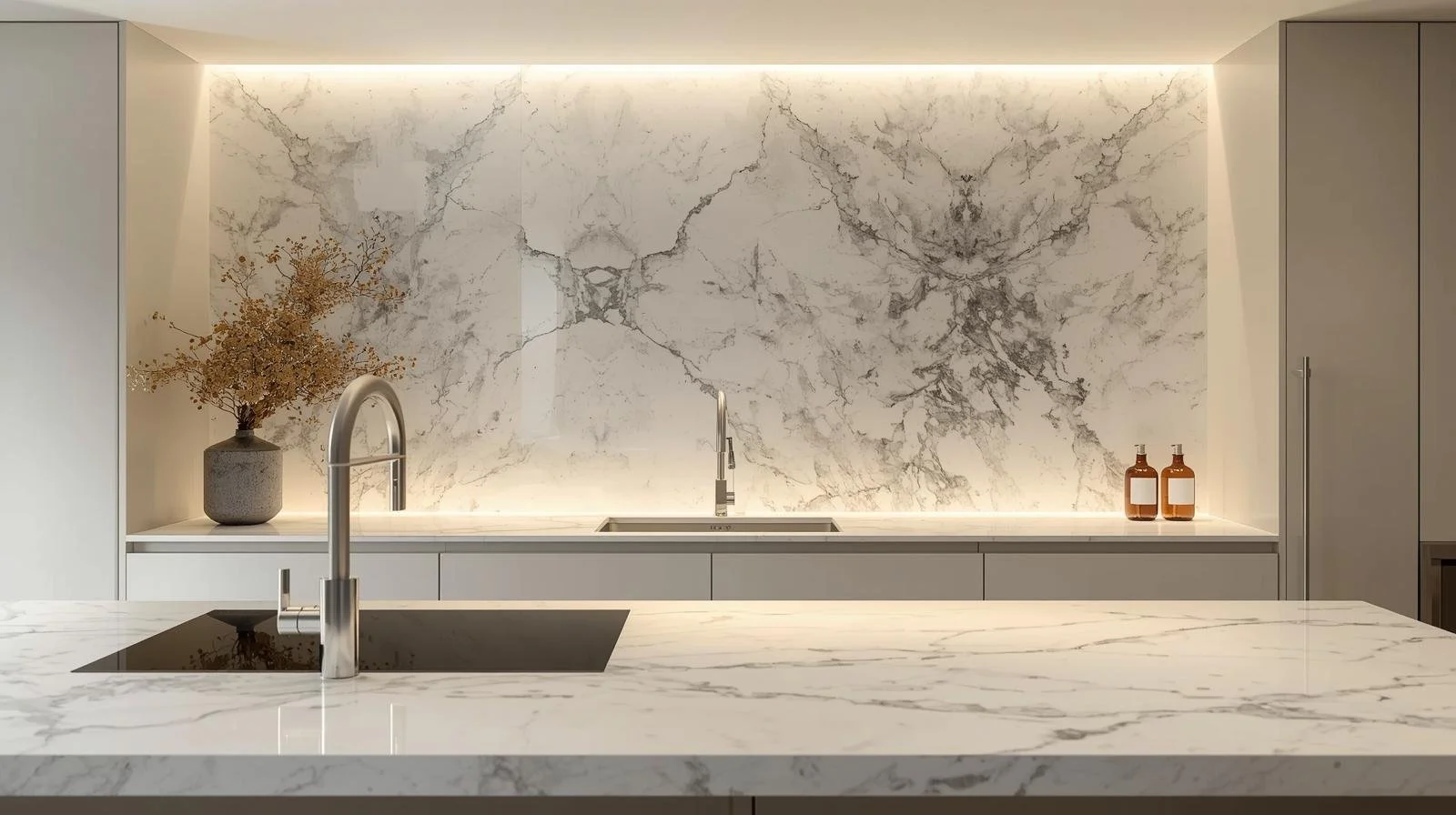 2025 kitchen remodel trend with full-height marble backsplash and clean modern design.