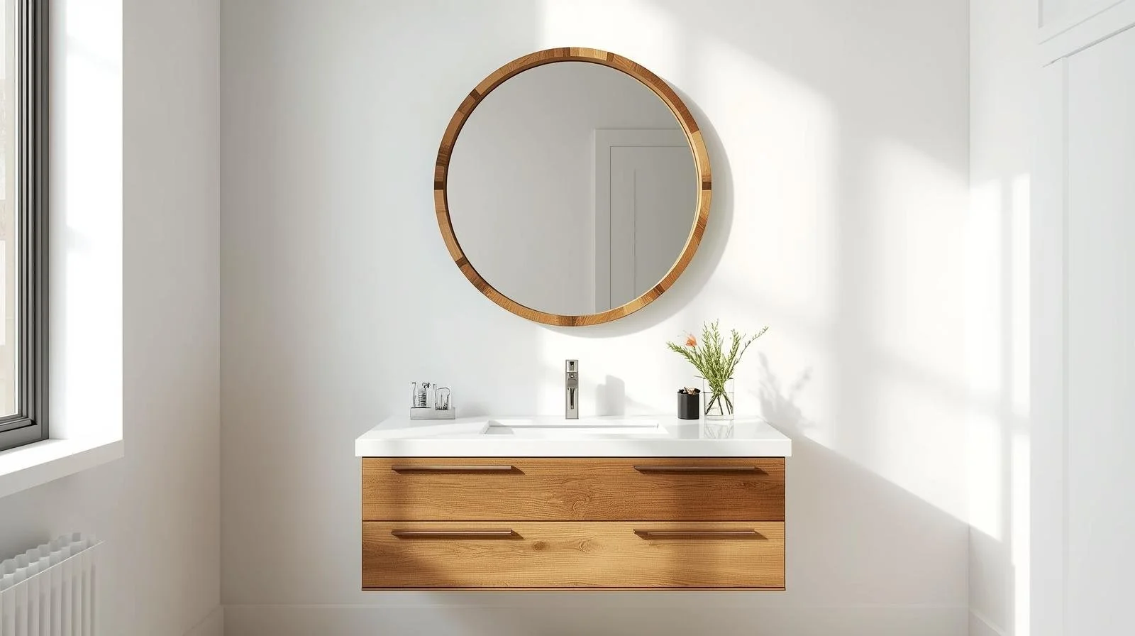 “Wood-framed round mirror above vanity — rustic-modern DIY bathroom makeover.”