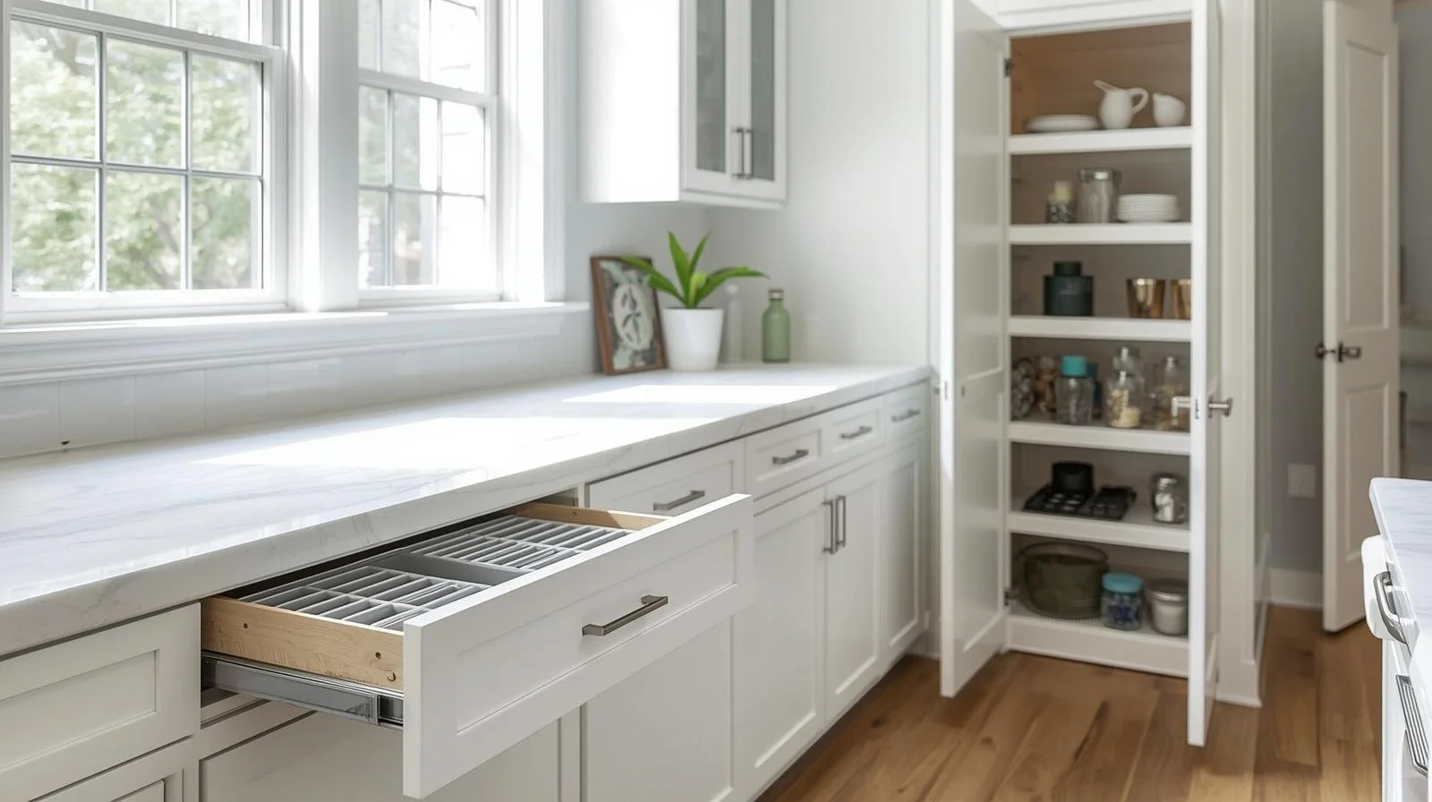 Hidden storage kitchen remodel ideas 2025 with drawer dividers and pull-out pantry.