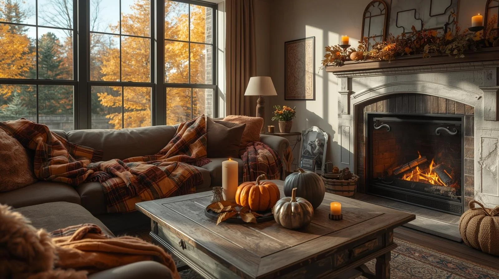 “Cozy fall living room with pumpkins, plaid blankets, and warm lighting, showcasing fall decor items for the home and seasonal renovation inspiration.”