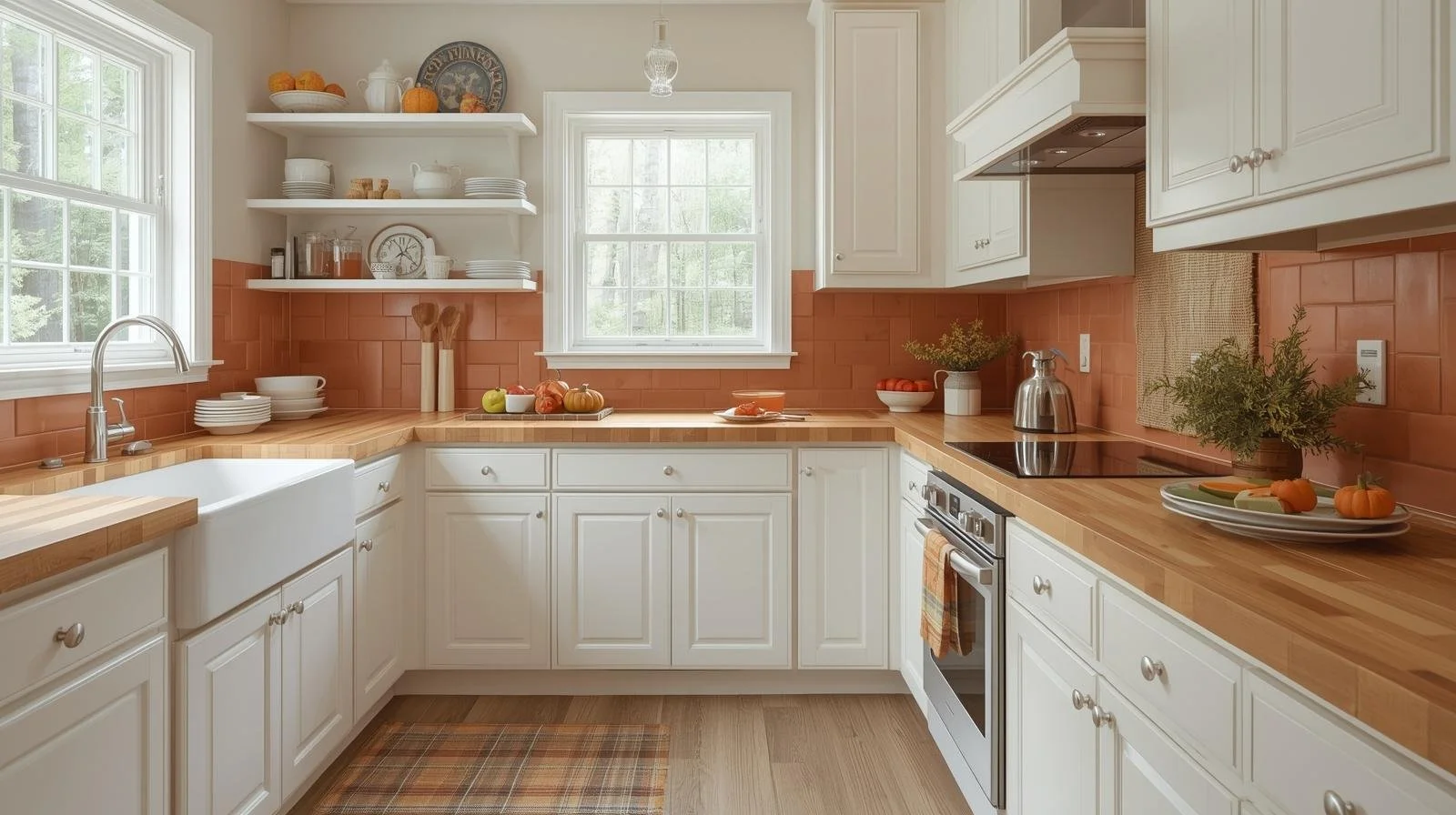 Bright kitchen with butcher block counters, terracotta backsplash, and fall accents.