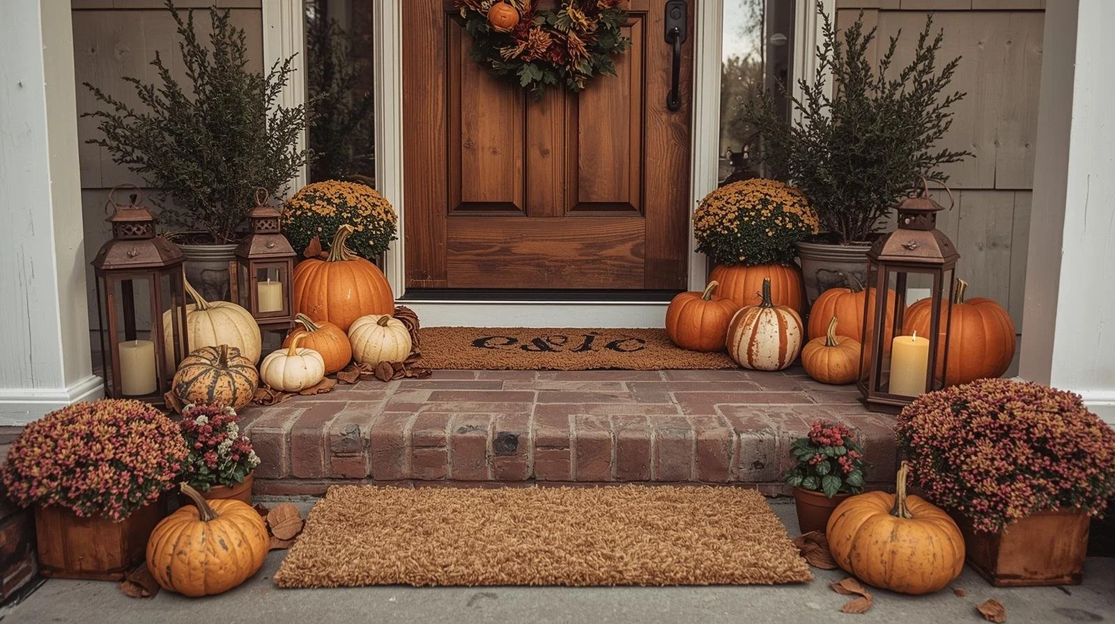“Front porch with fall wreath, layered doormats, pumpkins, and lanterns, blending fall decor style with functional home entry updates.”