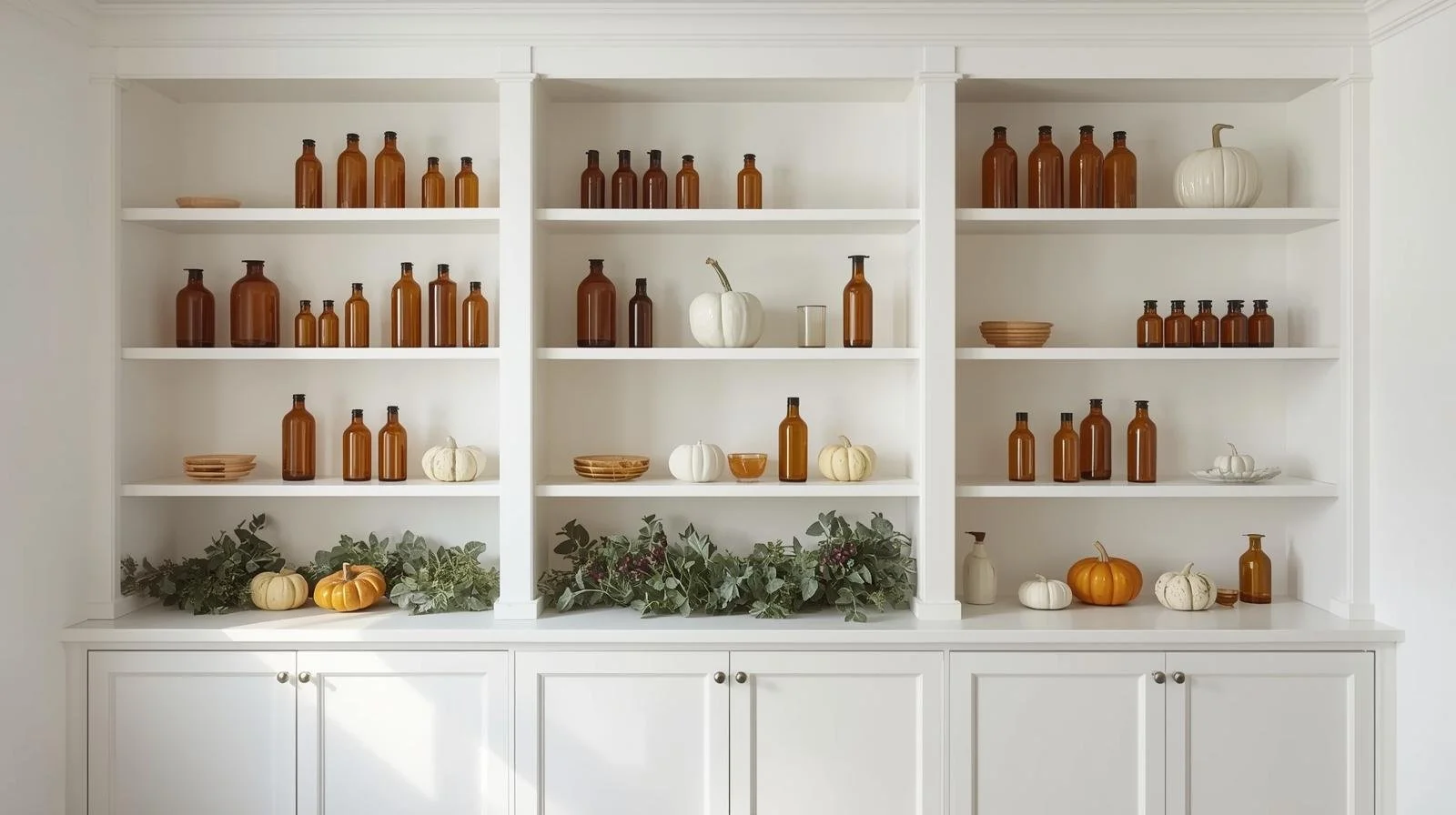 White built-in shelves with amber bottles, greenery, and pumpkins for fall decor.
