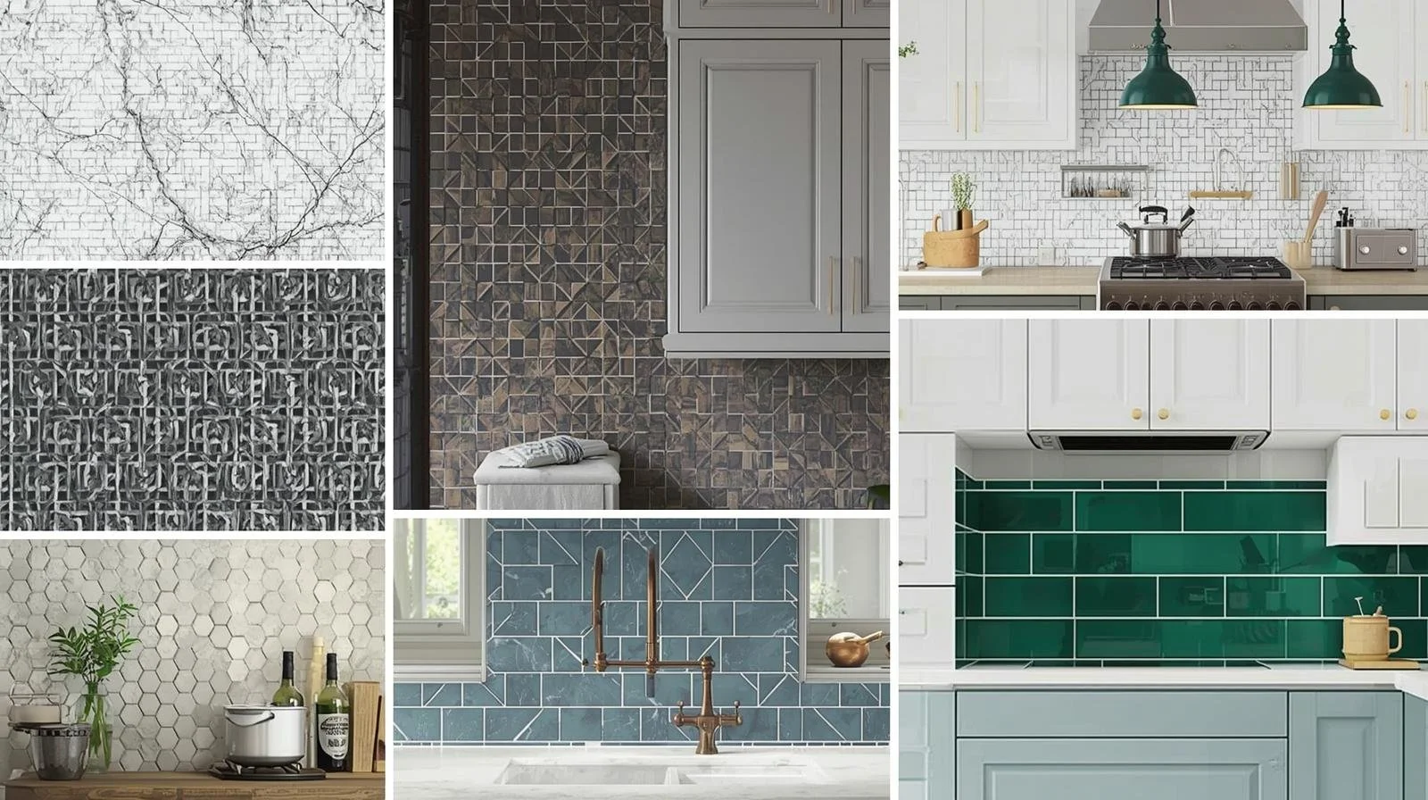 Flat lay of kitchen tile backsplash samples with subway, marble, geometric, farmhouse, and green designs
