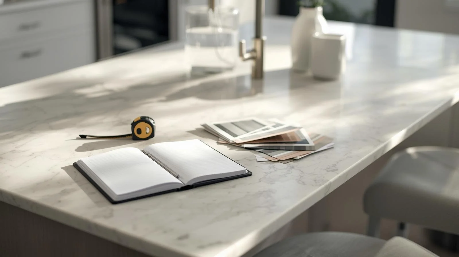 Kitchen island with remodel planning materials during a kitchen project in Spring TX.