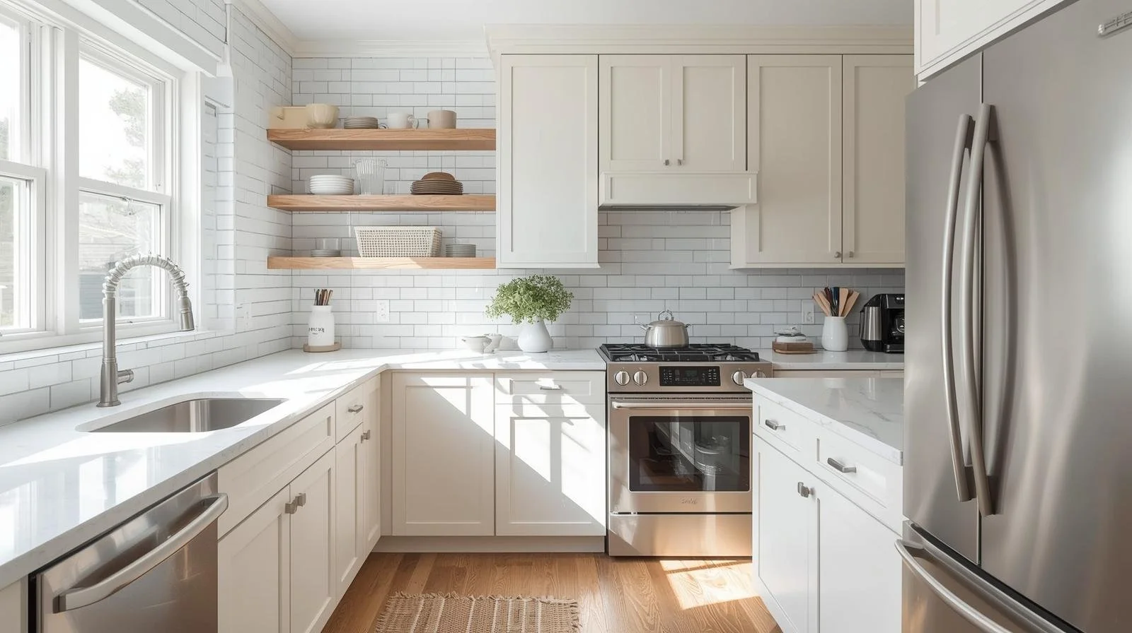 “Modern kitchen with white subway tile backsplash, stainless appliances, and shaker cabinets.”