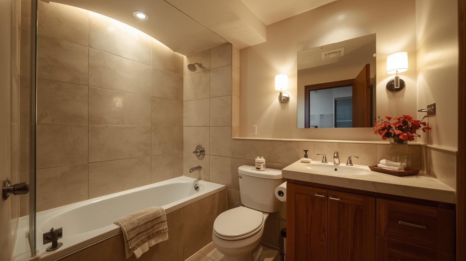 Small bathroom with bathtub, toilet, and layered lighting for bright ambiance.