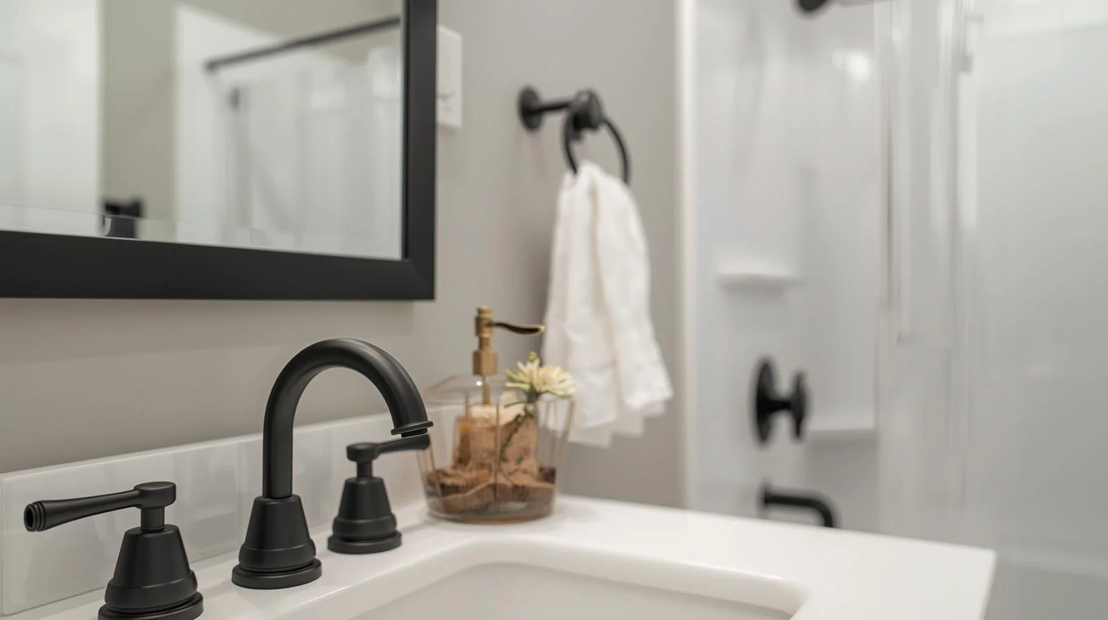 Affordable bathroom fixture upgrade ideas for 2025 remodels, featuring brushed nickel hardware, updated mirrors, and coordinated modern finishes for mid-range homes.