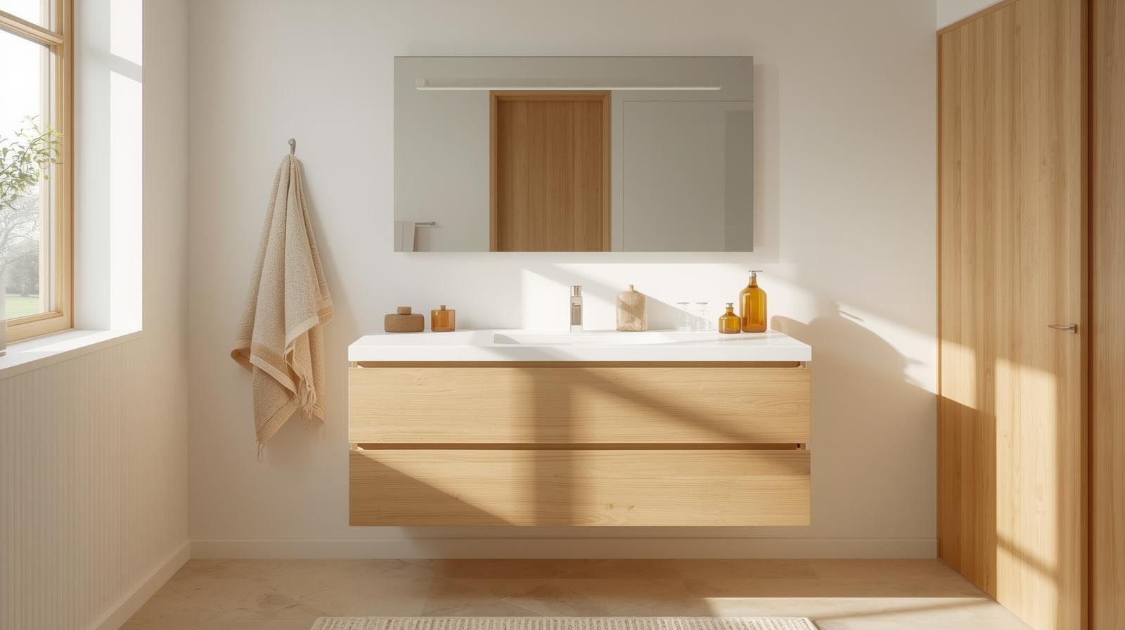 Light oak vanity with white countertop, cinnamon towels, and amber jars styled for fall.
