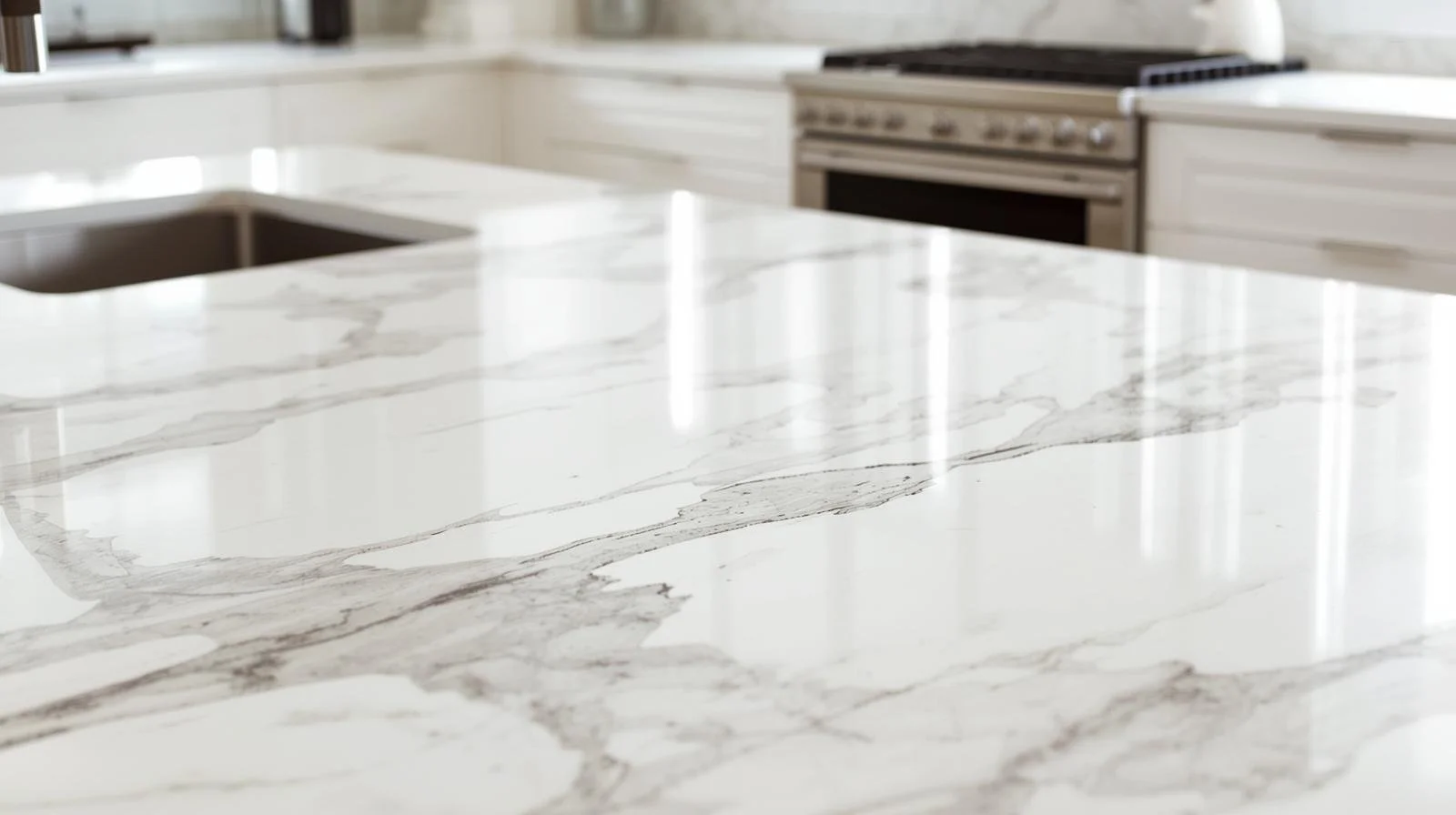 Marble-look countertop with soft gray veining.