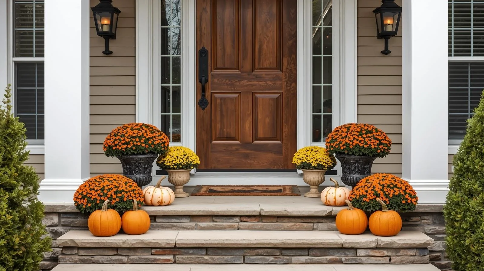Bright porch with walnut front door, pumpkins, mums, and a fall wreath.