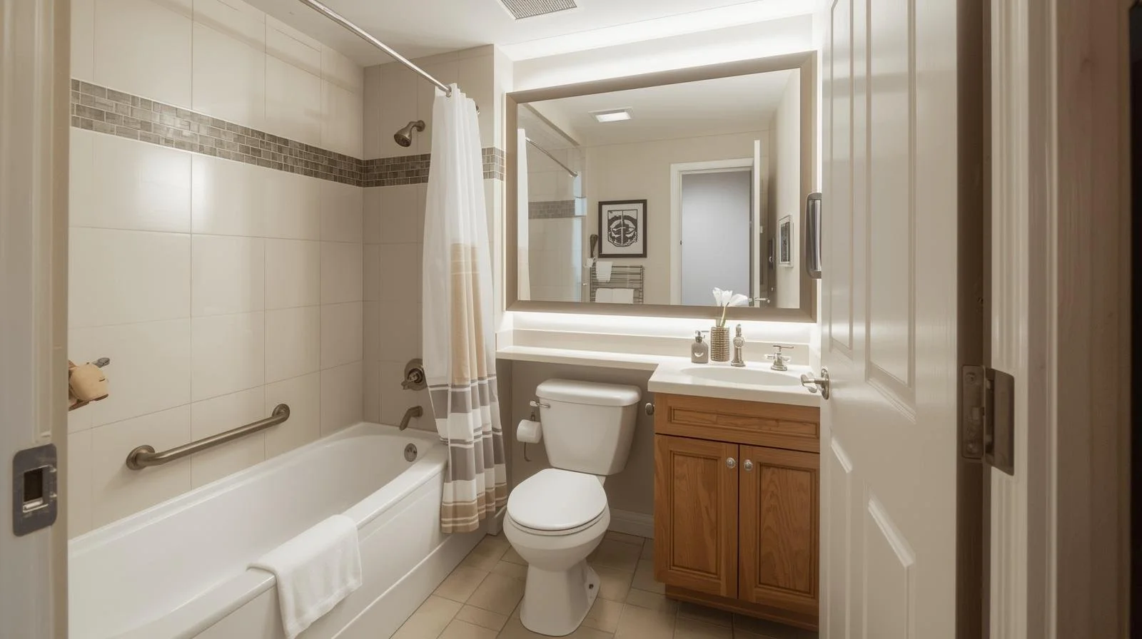 Modern small bathroom with bathtub, toilet, and large mirror in bright neutral colors.