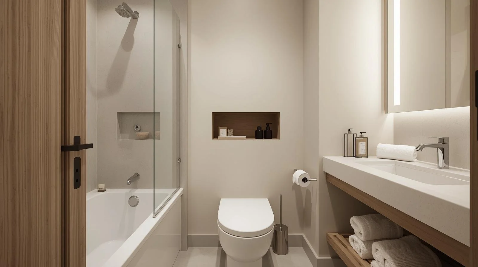 Minimal small bathroom with bathtub, toilet, and organized storage shelves.